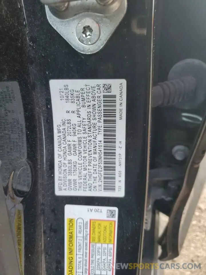 12 fotografías del automóvil dañado 2HGFE2F50NH541614 HONDA CIVIC 2022