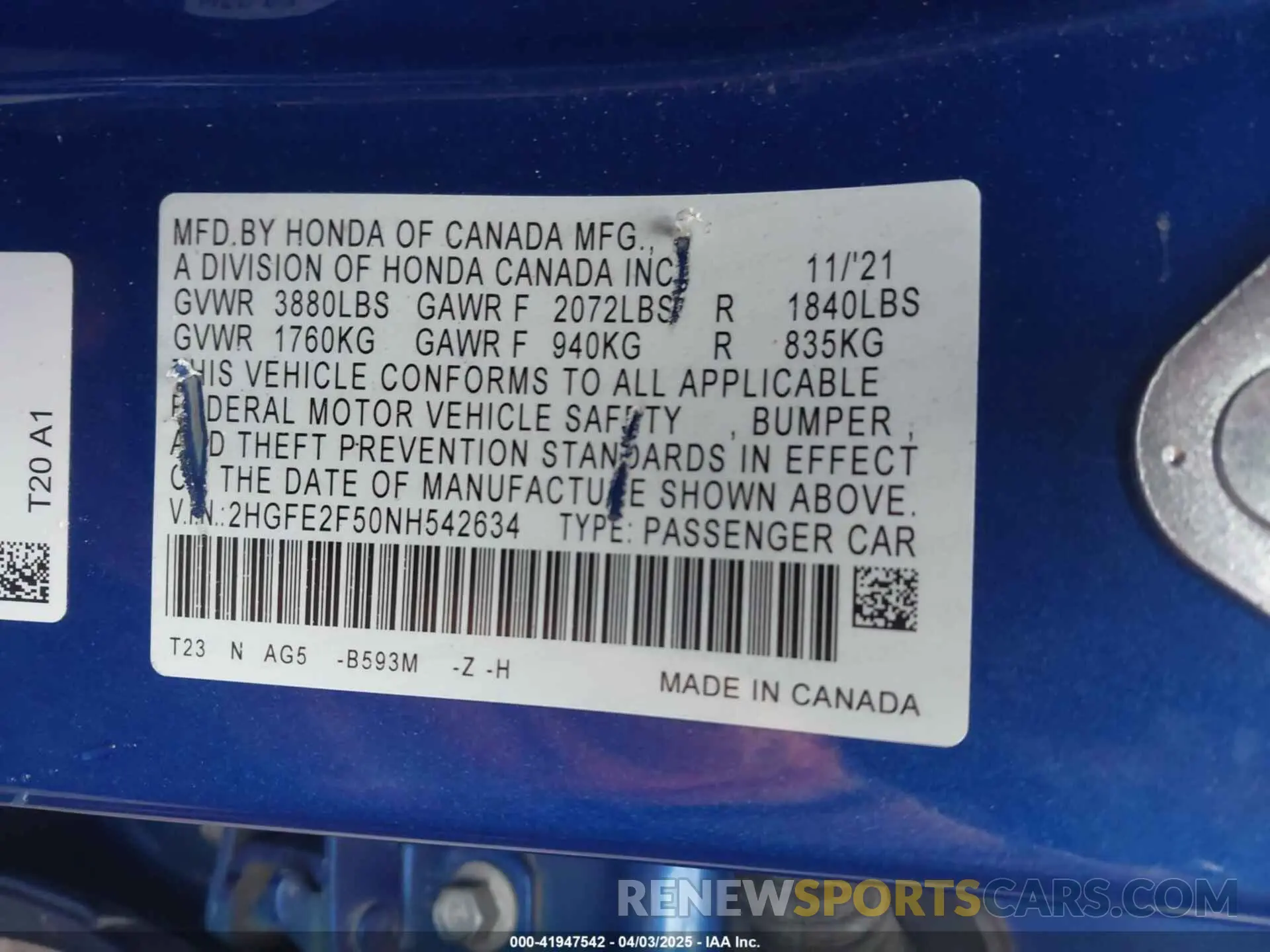 9 fotografías del automóvil dañado 2HGFE2F50NH542634 HONDA CIVIC 2022