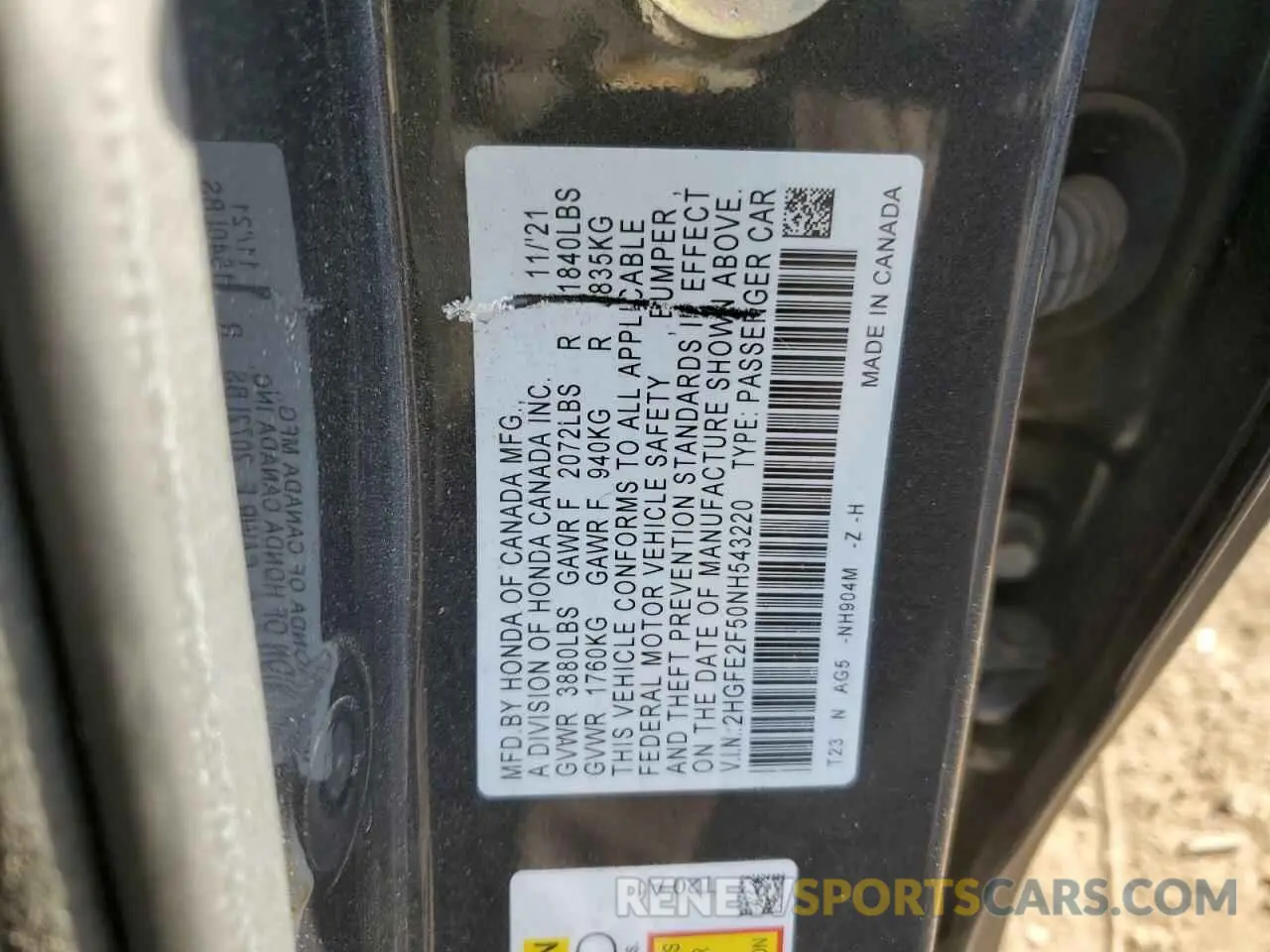 14 fotografías del automóvil dañado 2HGFE2F50NH543220 HONDA CIVIC 2022