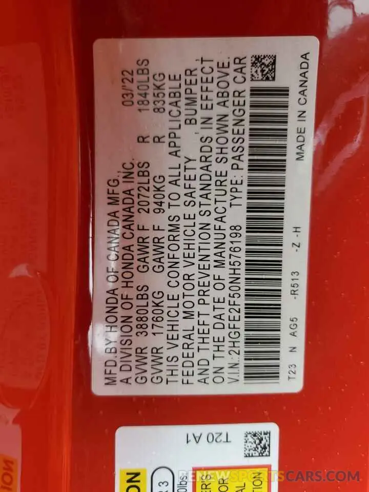 12 fotografías del automóvil dañado 2HGFE2F50NH576198 HONDA CIVIC 2022