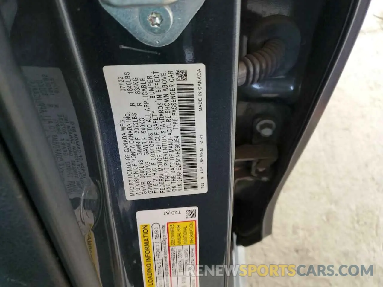 12 fotografías del automóvil dañado 2HGFE2F50NH596354 HONDA CIVIC 2022