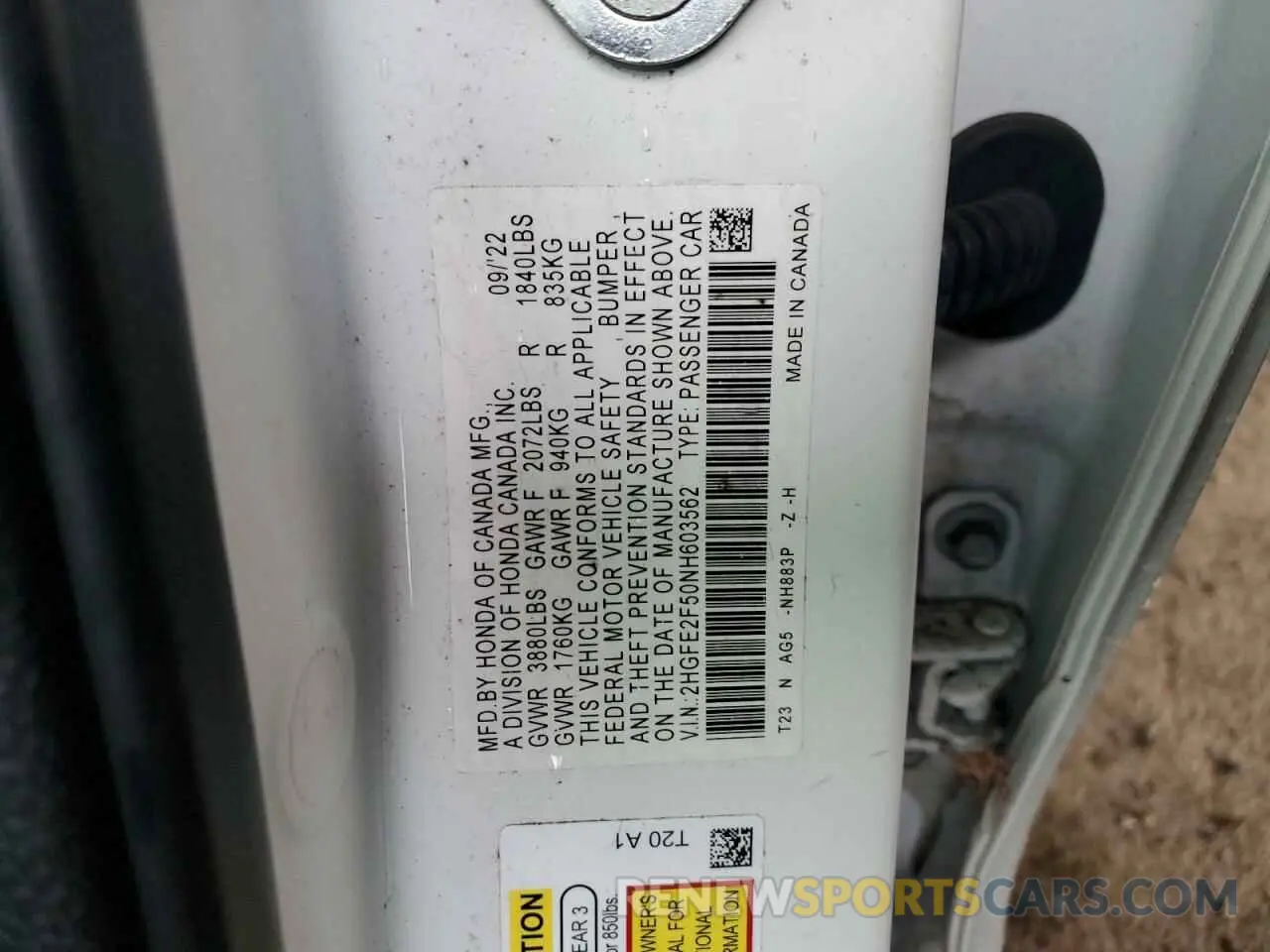 12 fotografías del automóvil dañado 2HGFE2F50NH603562 HONDA CIVIC 2022