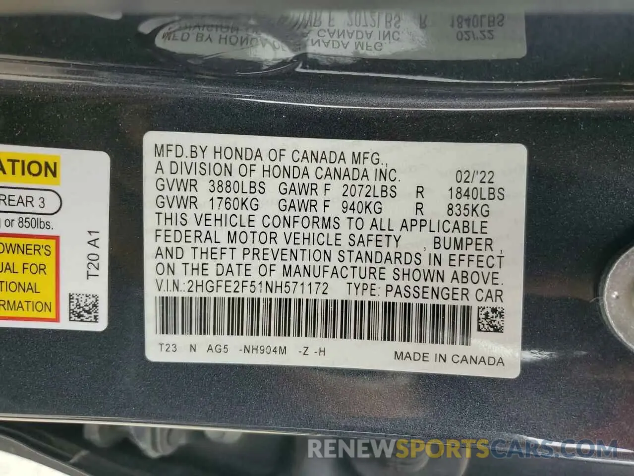 12 fotografías del automóvil dañado 2HGFE2F51NH571172 HONDA CIVIC 2022