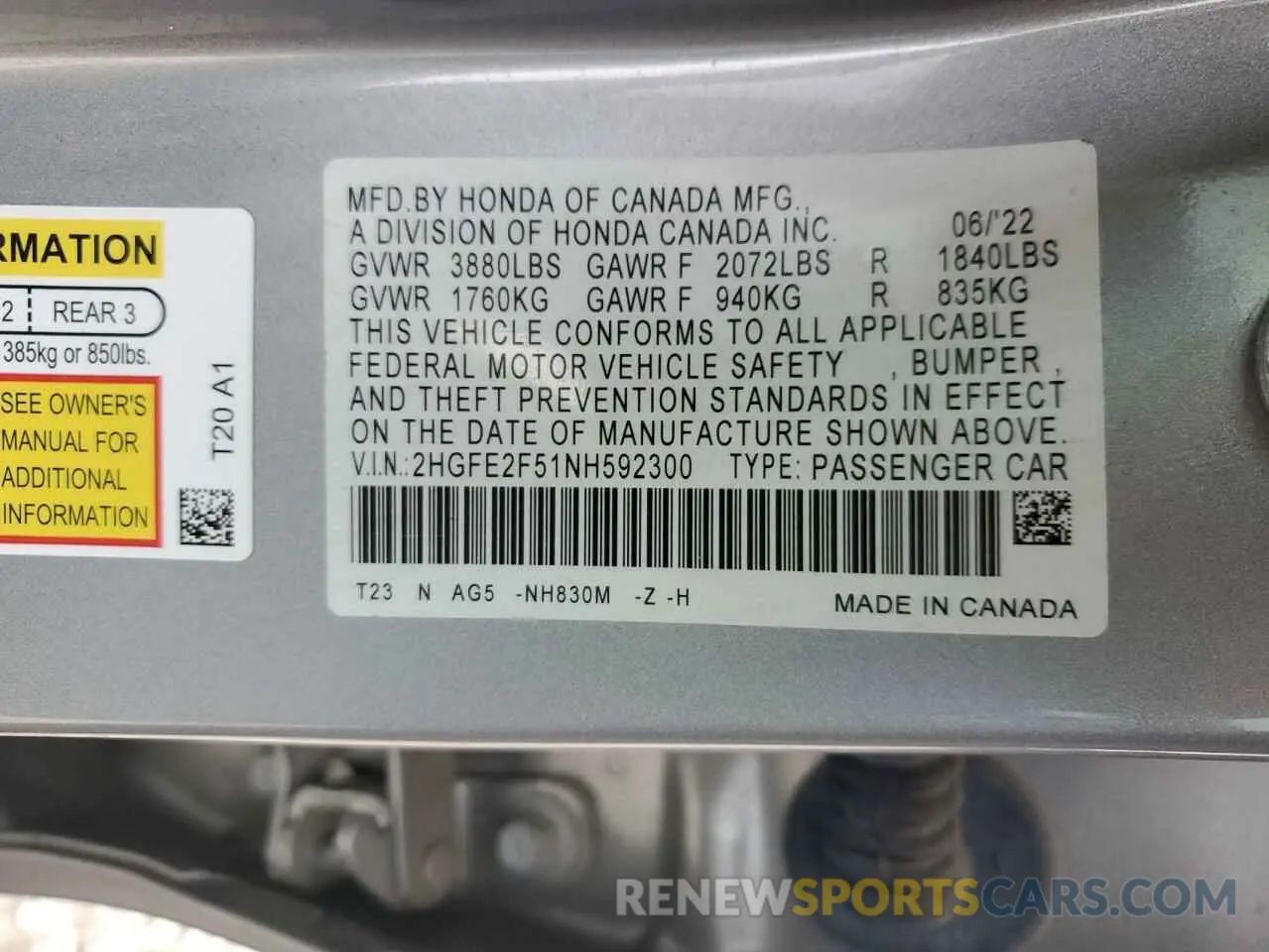 12 fotografías del automóvil dañado 2HGFE2F51NH592300 HONDA CIVIC 2022