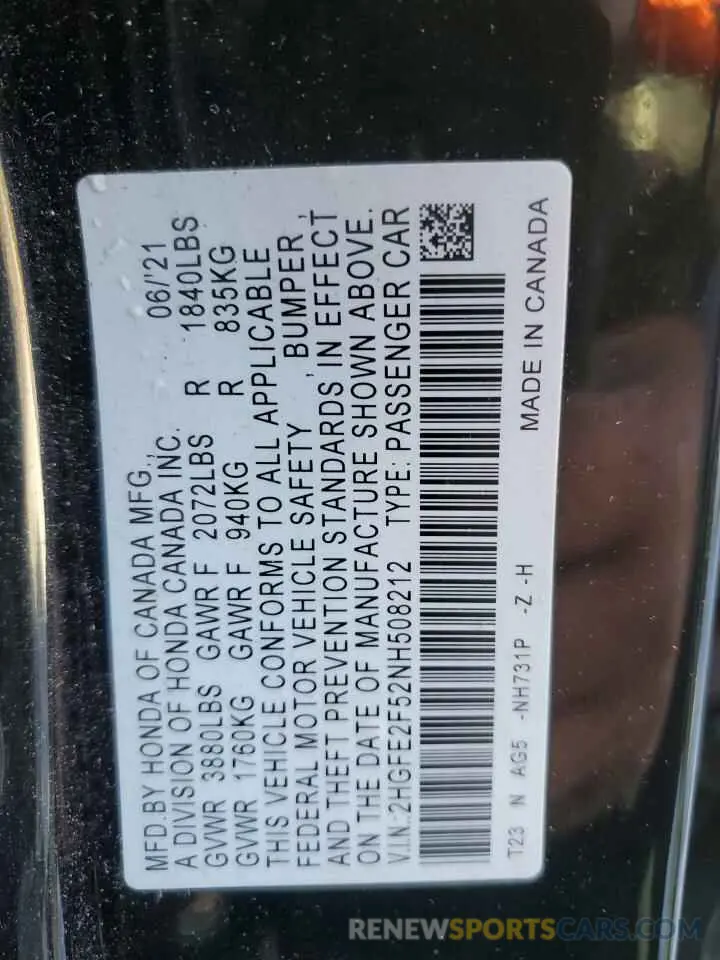 12 fotografías del automóvil dañado 2HGFE2F52NH508212 HONDA CIVIC 2022