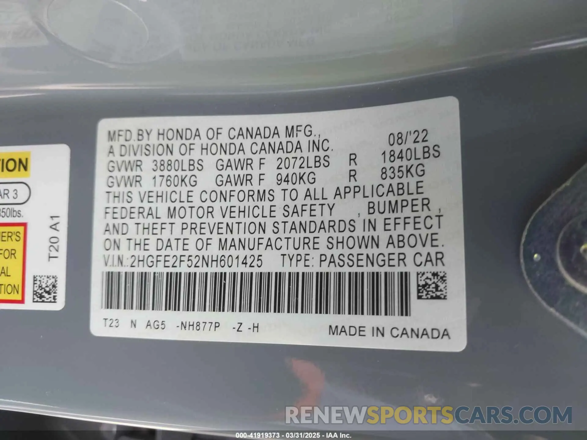 9 fotografías del automóvil dañado 2HGFE2F52NH601425 HONDA CIVIC 2022