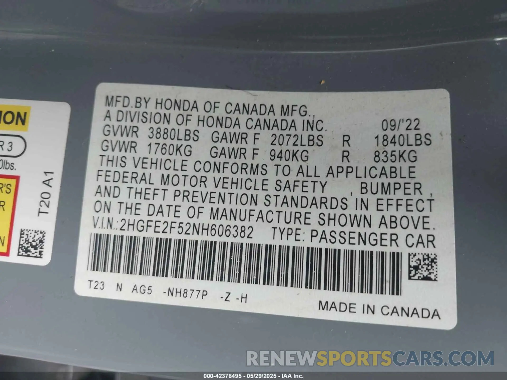 9 fotografías del automóvil dañado 2HGFE2F52NH606382 HONDA CIVIC 2022