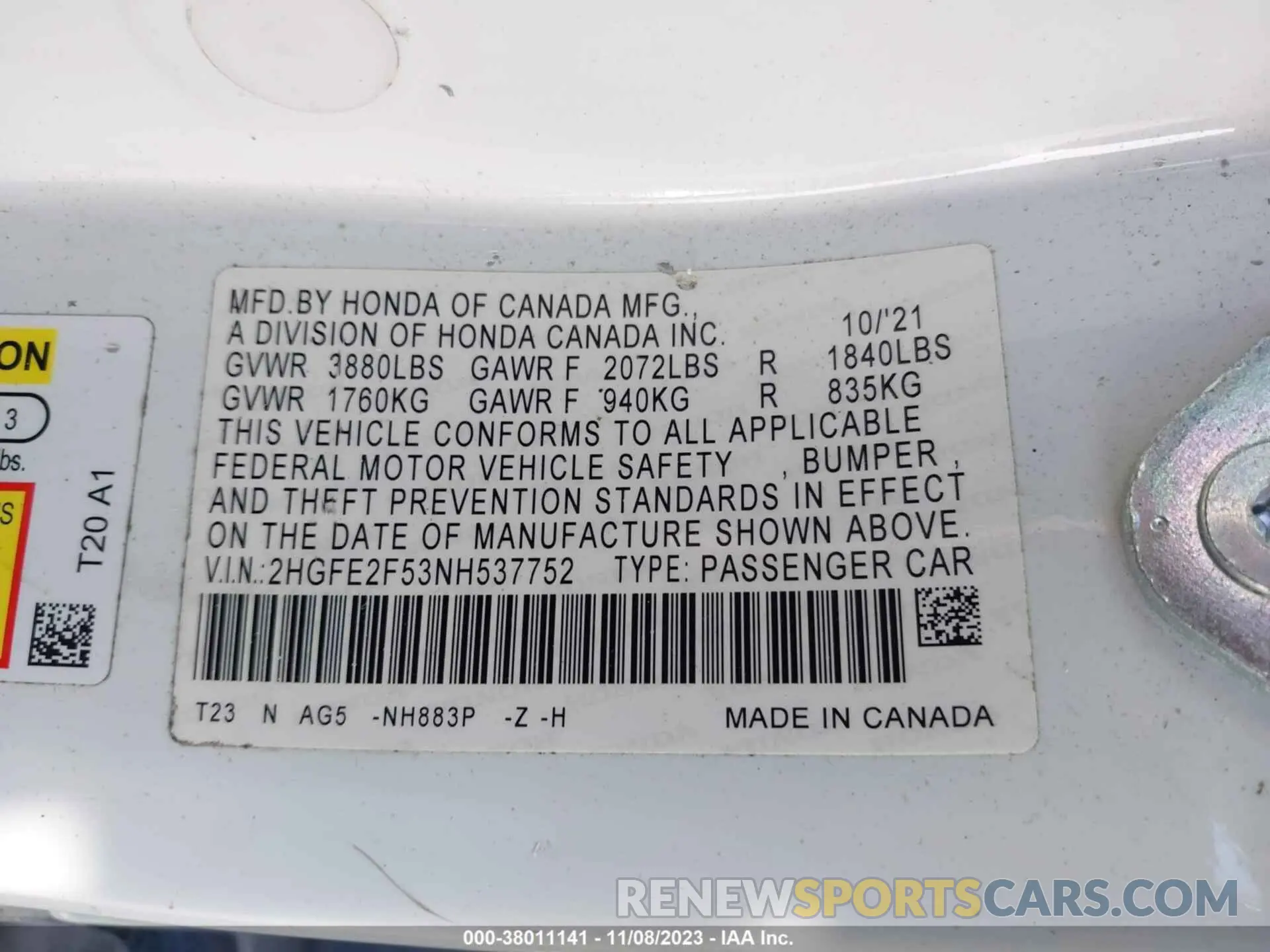 9 fotografías del automóvil dañado 2HGFE2F53NH537752 HONDA CIVIC 2022