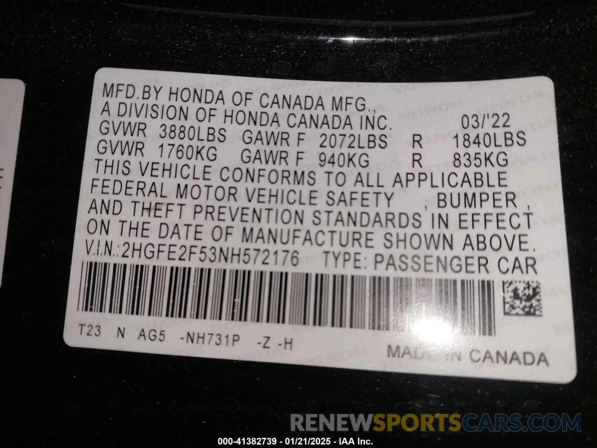 9 fotografías del automóvil dañado 2HGFE2F53NH572176 HONDA CIVIC 2022