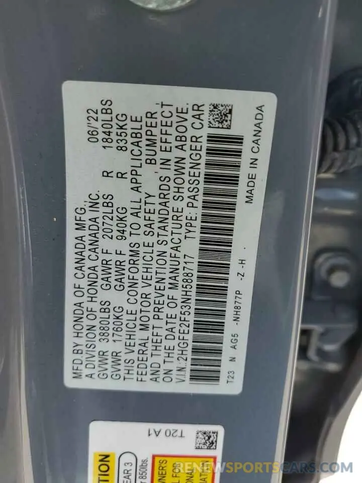 12 fotografías del automóvil dañado 2HGFE2F53NH588717 HONDA CIVIC 2022