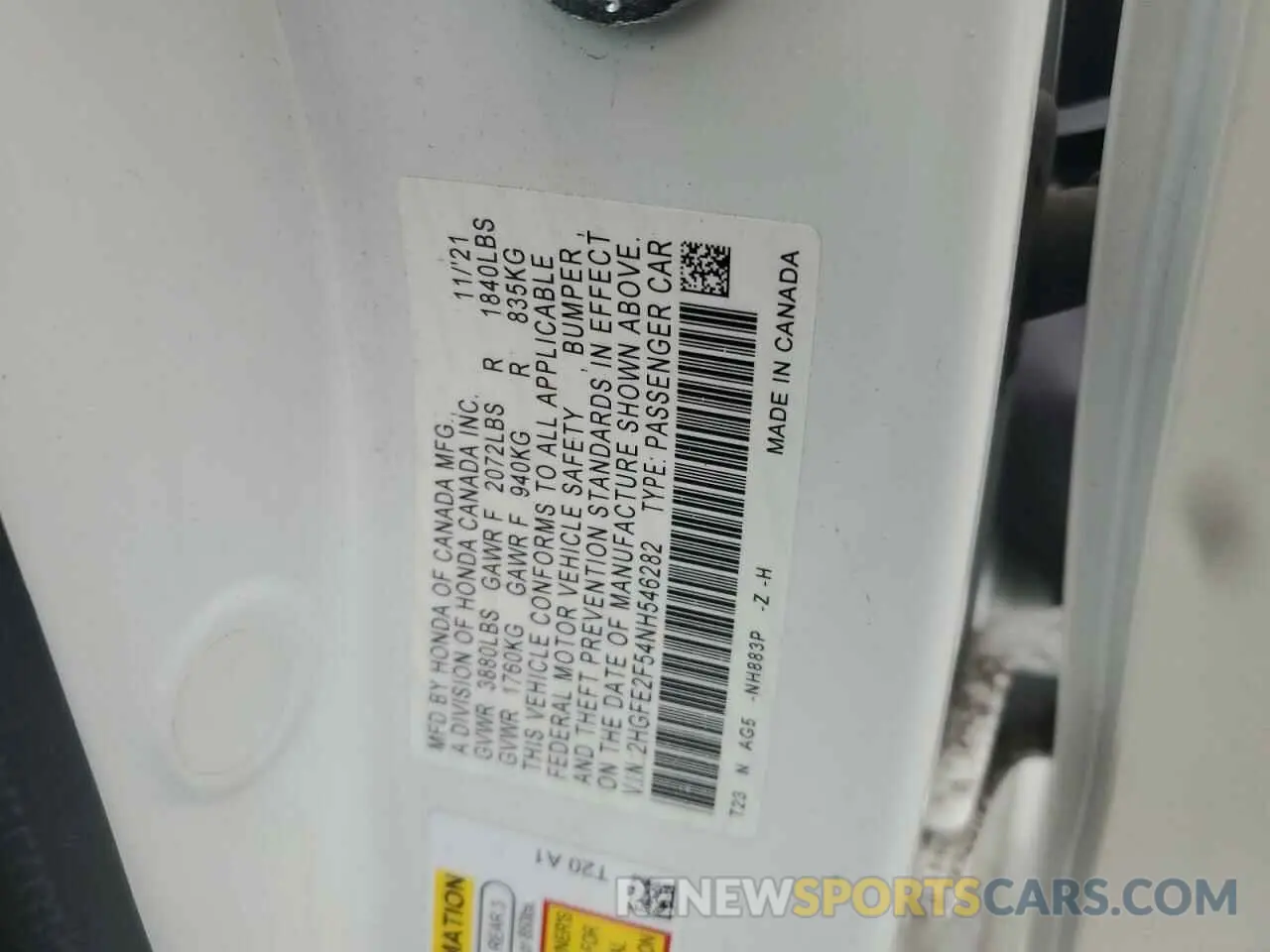 13 fotografías del automóvil dañado 2HGFE2F54NH546282 HONDA CIVIC 2022