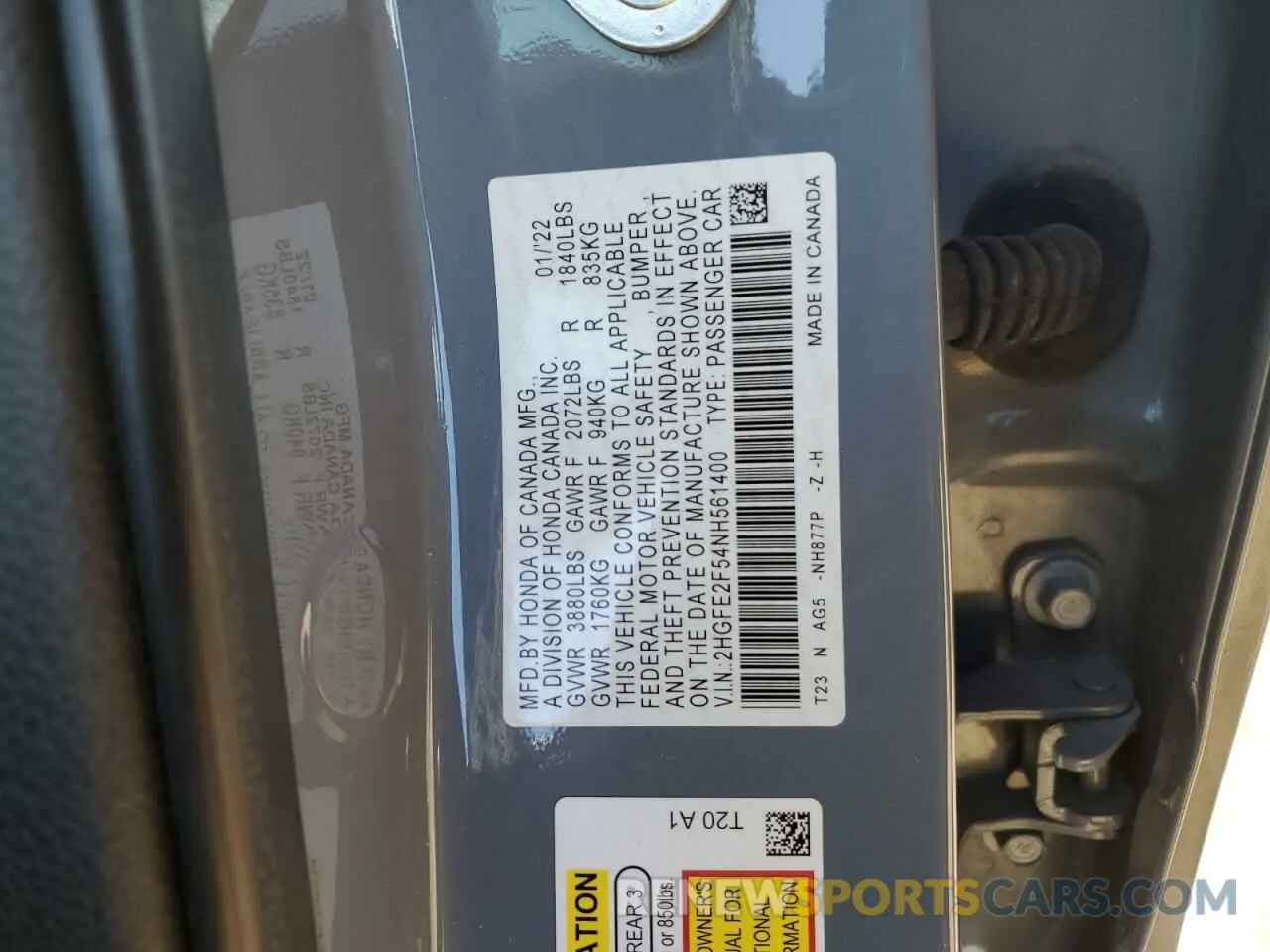 12 fotografías del automóvil dañado 2HGFE2F54NH561400 HONDA CIVIC 2022