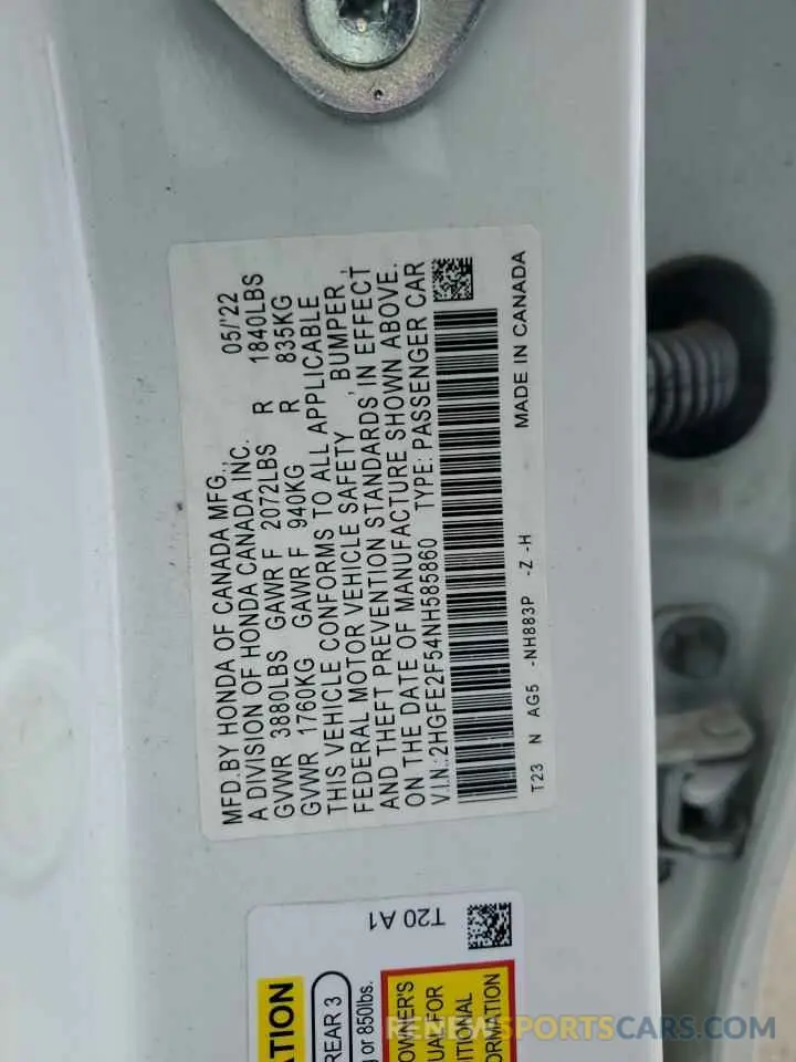 14 fotografías del automóvil dañado 2HGFE2F54NH585860 HONDA CIVIC 2022