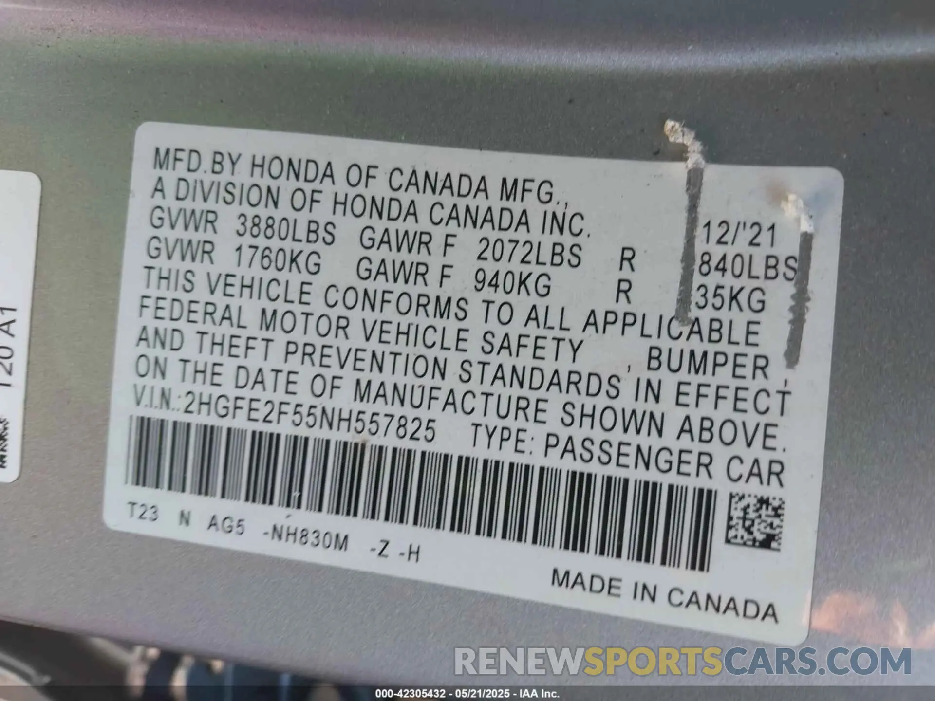 9 fotografías del automóvil dañado 2HGFE2F55NH557825 HONDA CIVIC 2022