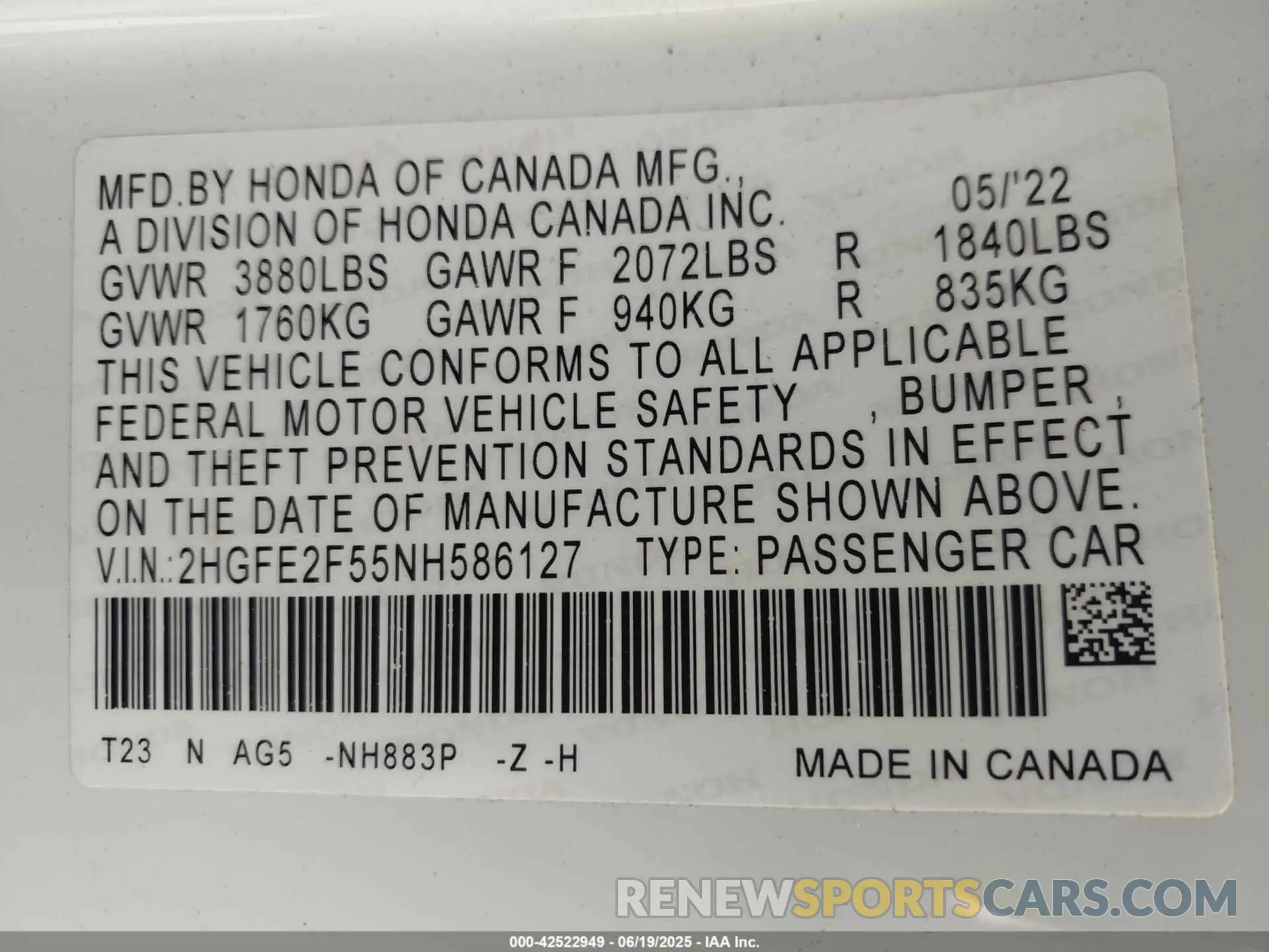 9 fotografías del automóvil dañado 2HGFE2F55NH586127 HONDA CIVIC 2022