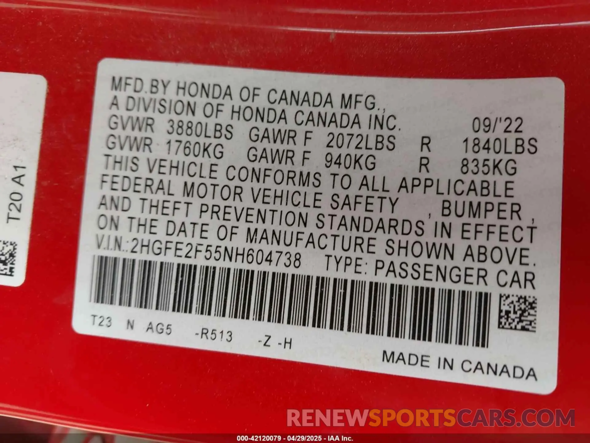 9 fotografías del automóvil dañado 2HGFE2F55NH604738 HONDA CIVIC 2022