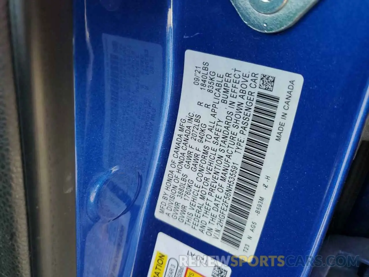 12 fotografías del automóvil dañado 2HGFE2F56NH535591 HONDA CIVIC 2022
