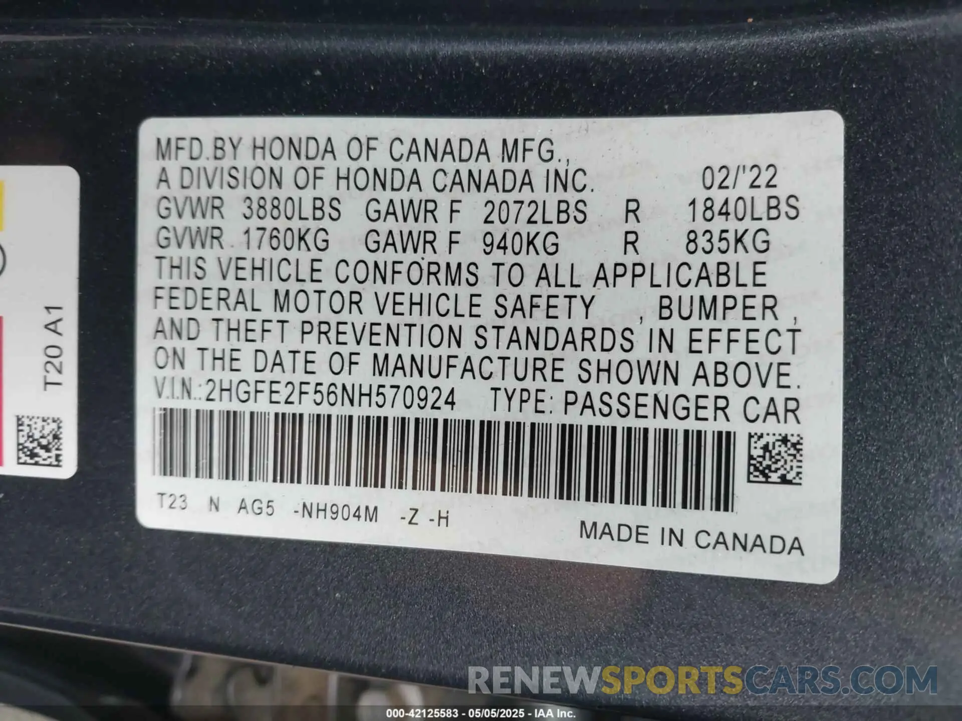 9 fotografías del automóvil dañado 2HGFE2F56NH570924 HONDA CIVIC 2022