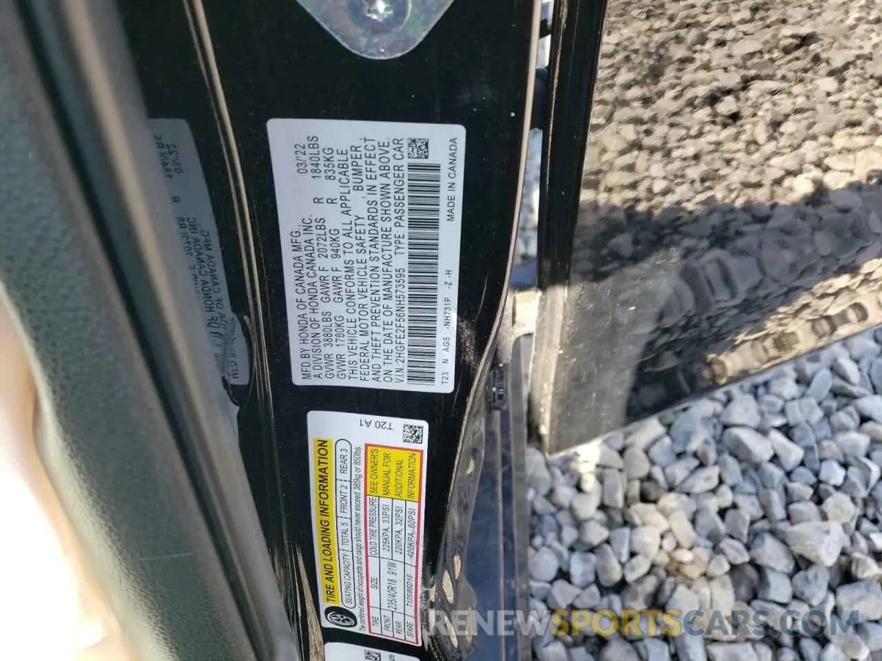 12 fotografías del automóvil dañado 2HGFE2F56NH573595 HONDA CIVIC 2022