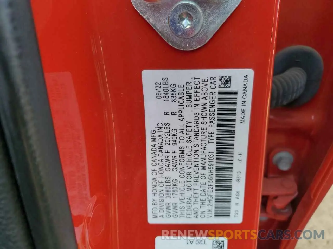 13 fotografías del automóvil dañado 2HGFE2F56NH591031 HONDA CIVIC 2022