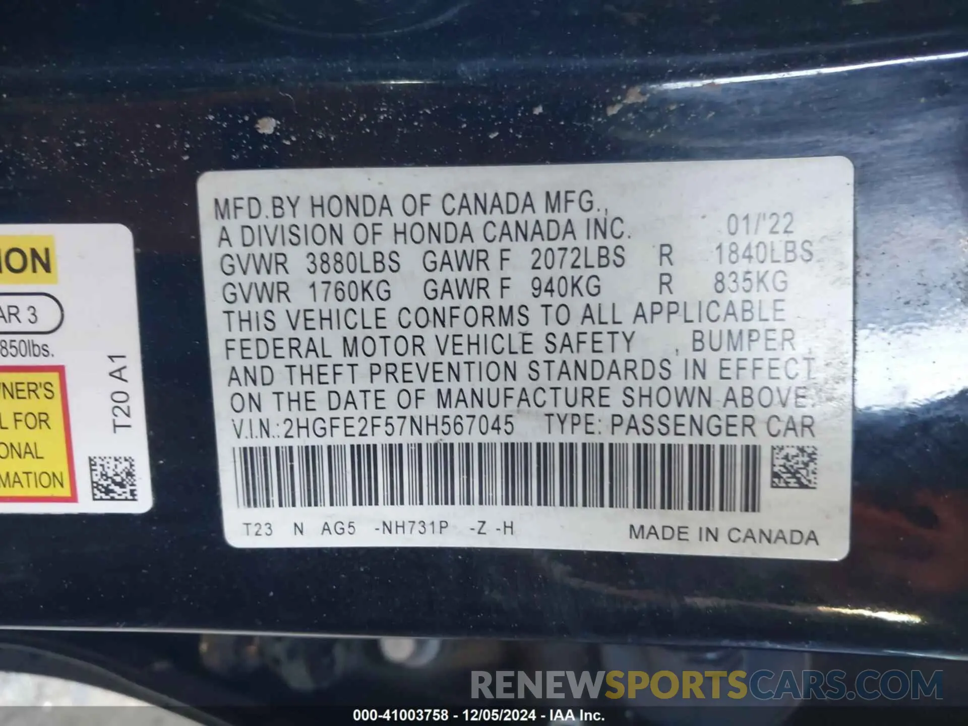 9 fotografías del automóvil dañado 2HGFE2F57NH567045 HONDA CIVIC 2022