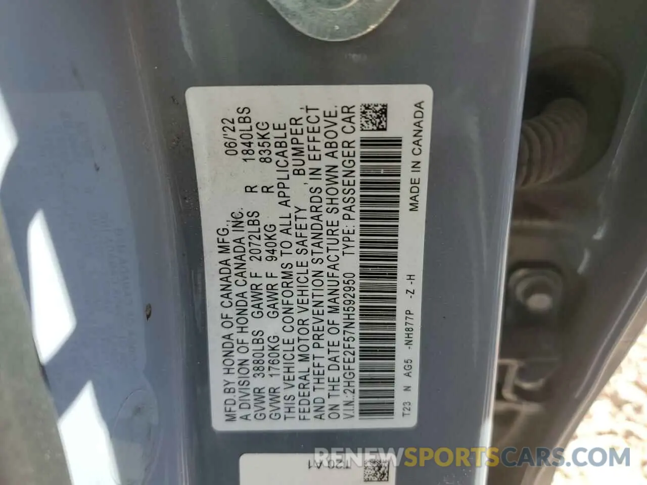 12 fotografías del automóvil dañado 2HGFE2F57NH592950 HONDA CIVIC 2022