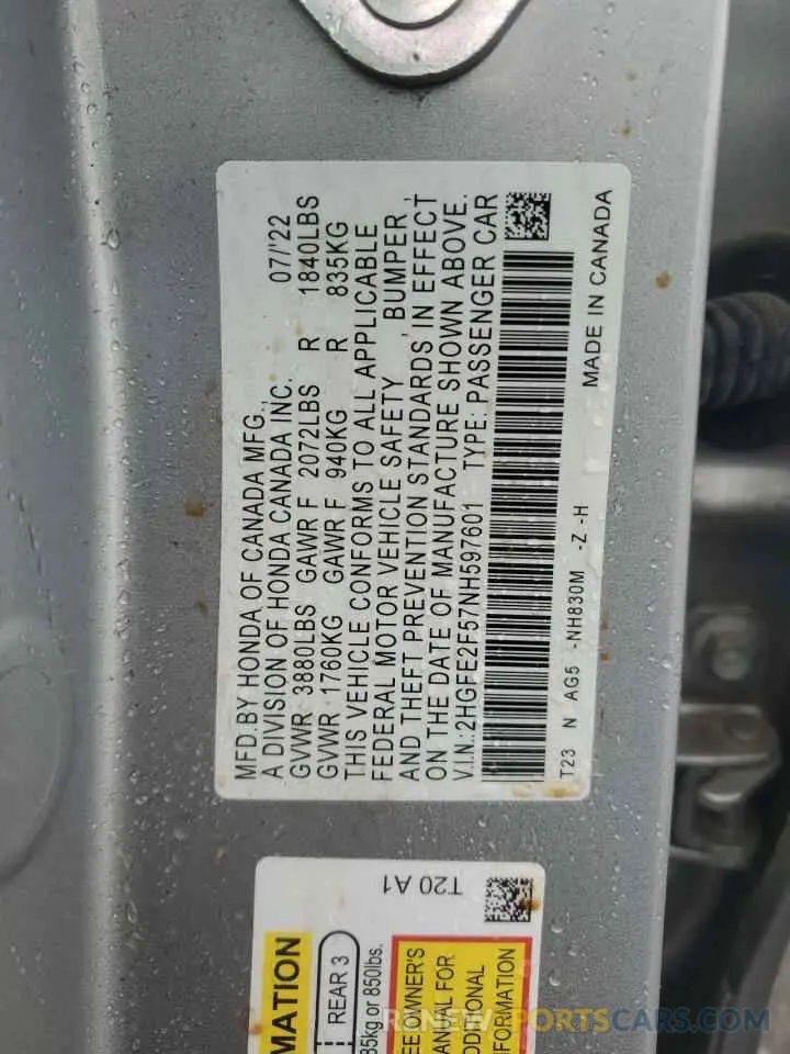 12 fotografías del automóvil dañado 2HGFE2F57NH597601 HONDA CIVIC 2022