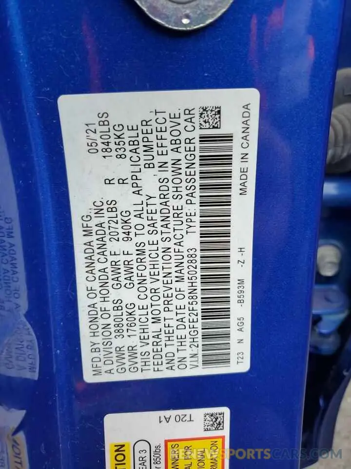 12 fotografías del automóvil dañado 2HGFE2F58NH502883 HONDA CIVIC 2022