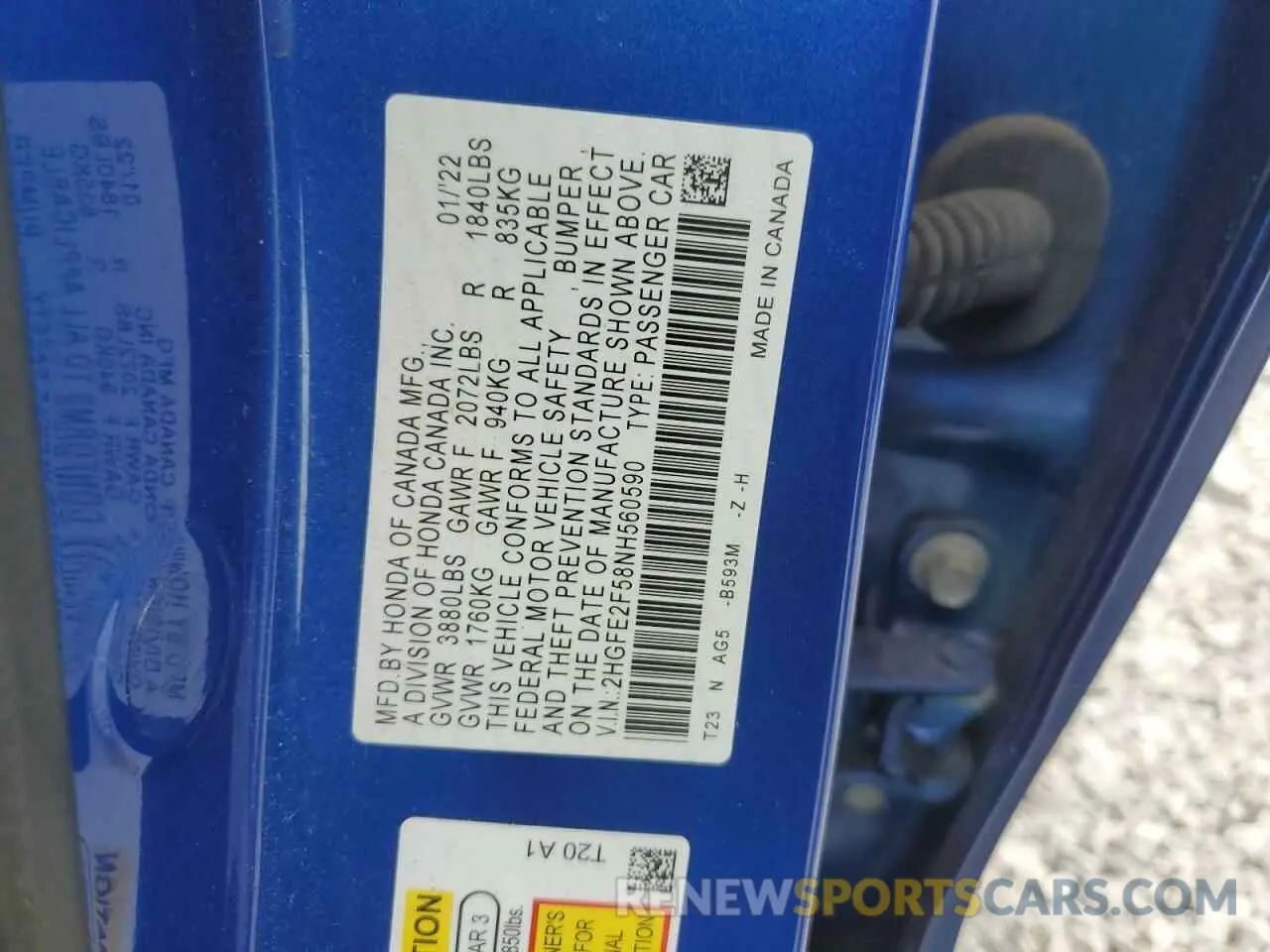 13 fotografías del automóvil dañado 2HGFE2F58NH560590 HONDA CIVIC 2022