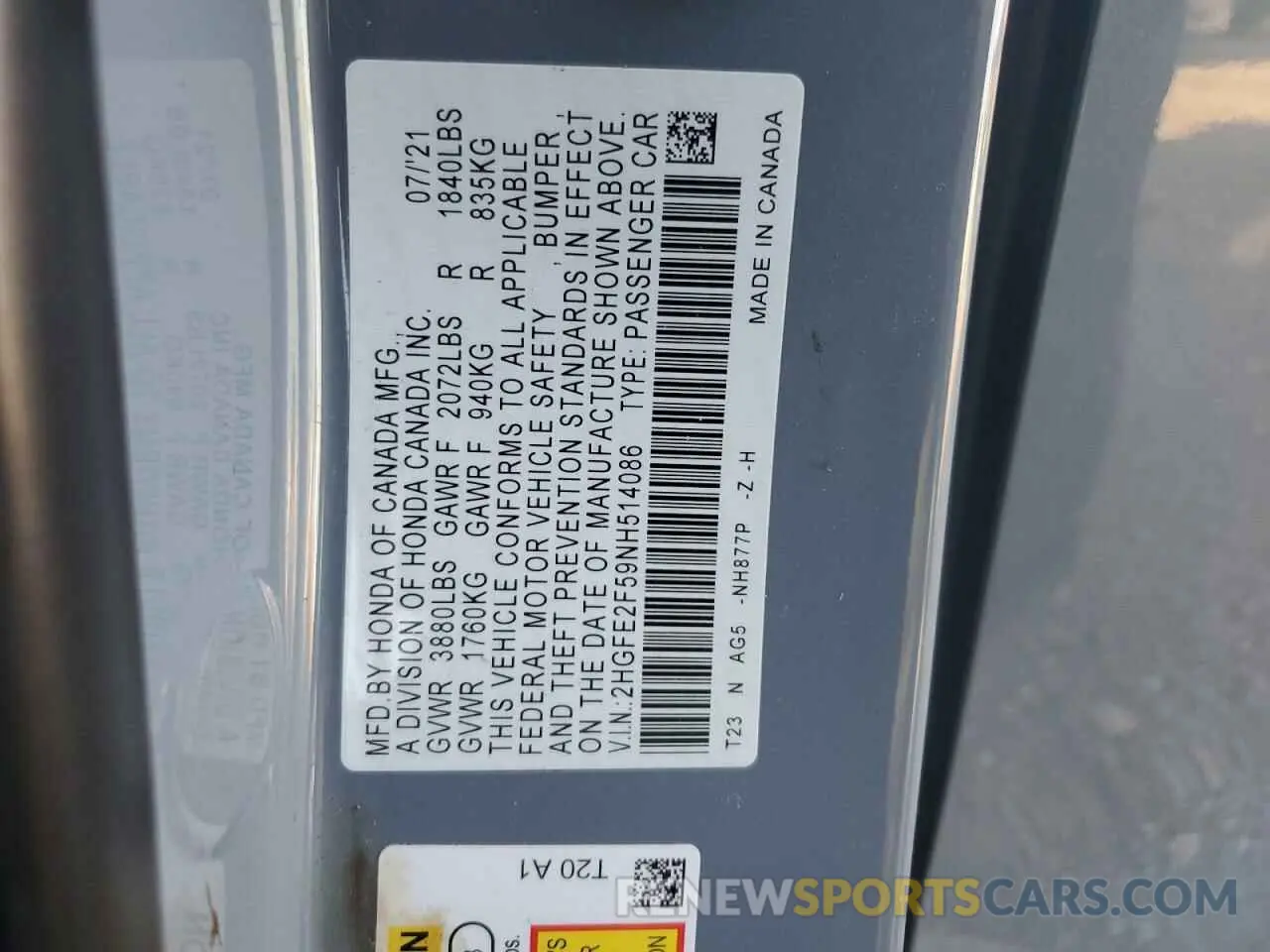 12 fotografías del automóvil dañado 2HGFE2F59NH514086 HONDA CIVIC 2022