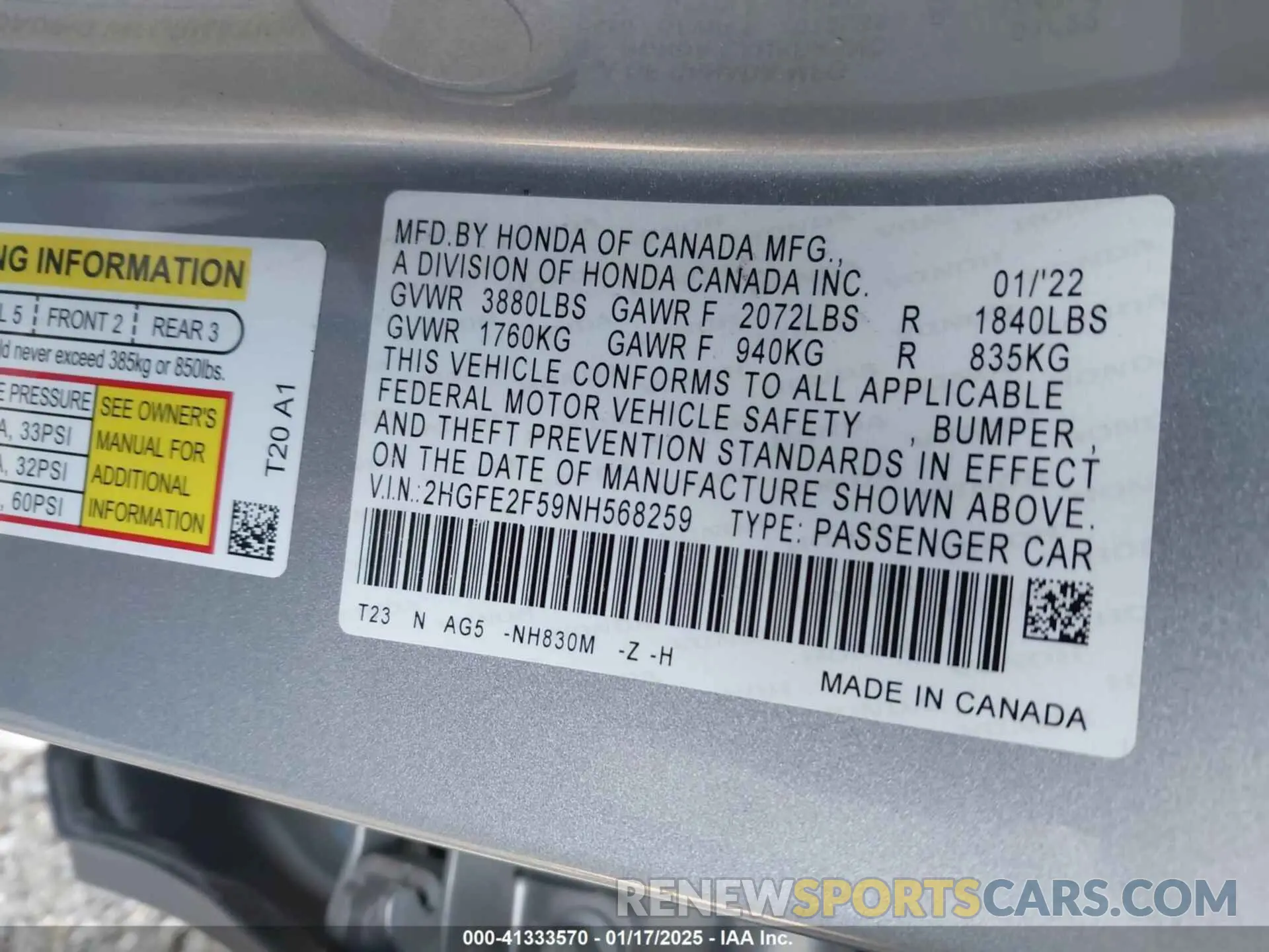 9 fotografías del automóvil dañado 2HGFE2F59NH568259 HONDA CIVIC 2022