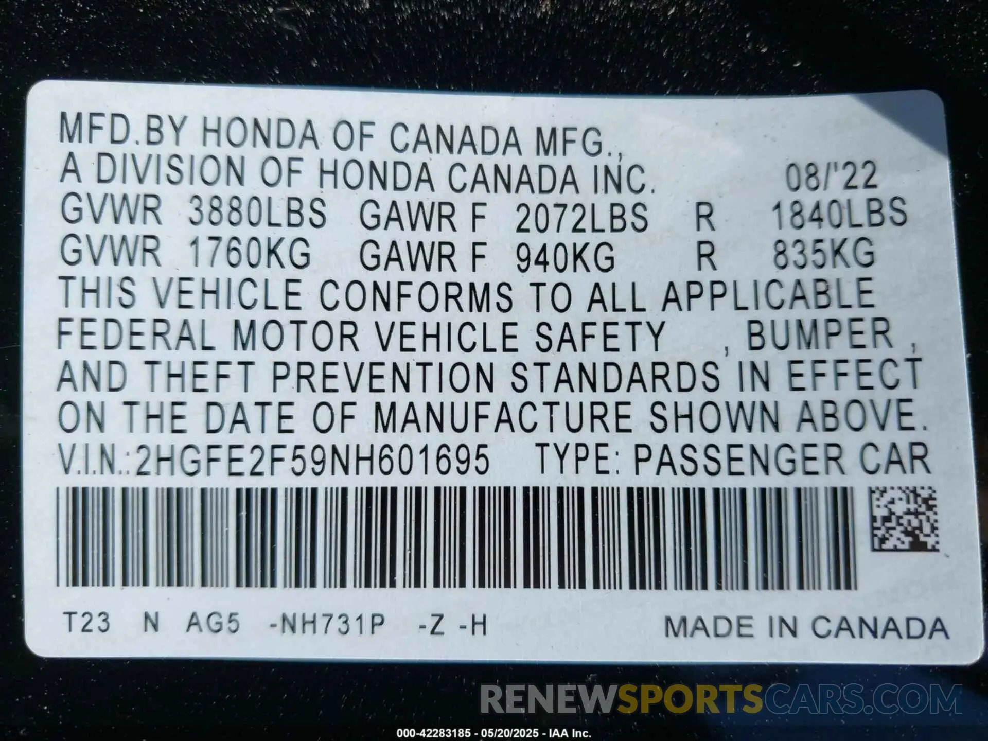 9 fotografías del automóvil dañado 2HGFE2F59NH601695 HONDA CIVIC 2022