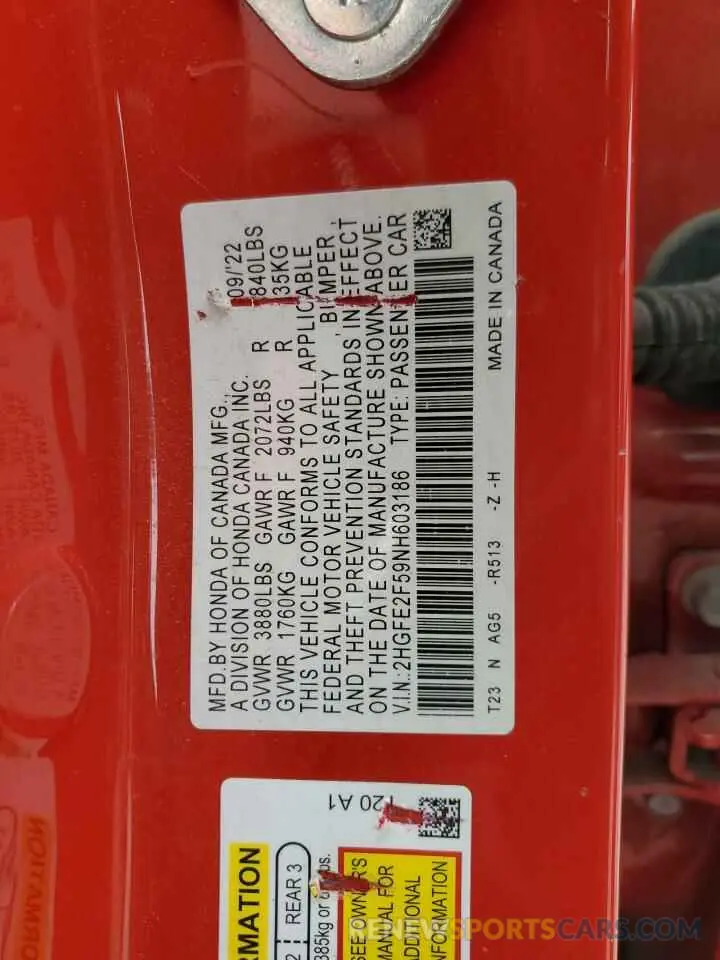 12 fotografías del automóvil dañado 2HGFE2F59NH603186 HONDA CIVIC 2022