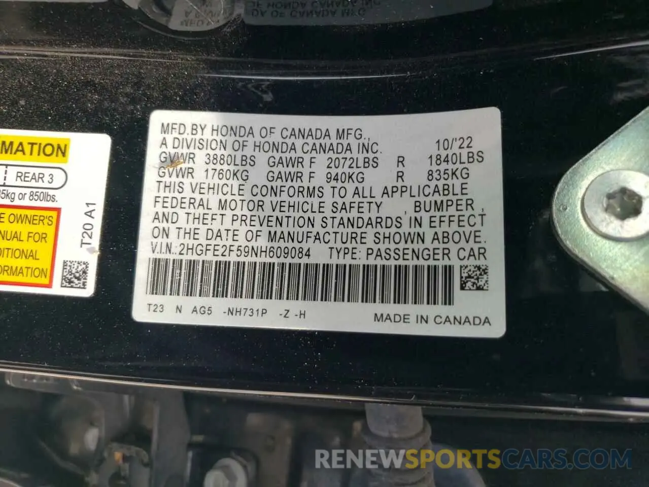 13 fotografías del automóvil dañado 2HGFE2F59NH609084 HONDA CIVIC 2022