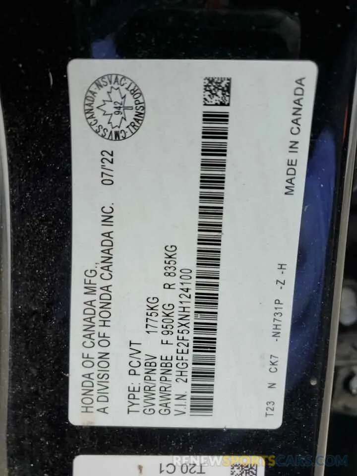 13 fotografías del automóvil dañado 2HGFE2F5XNH124100 HONDA CIVIC 2022