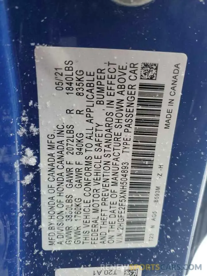 12 fotografías del automóvil dañado 2HGFE2F5XNH504893 HONDA CIVIC 2022
