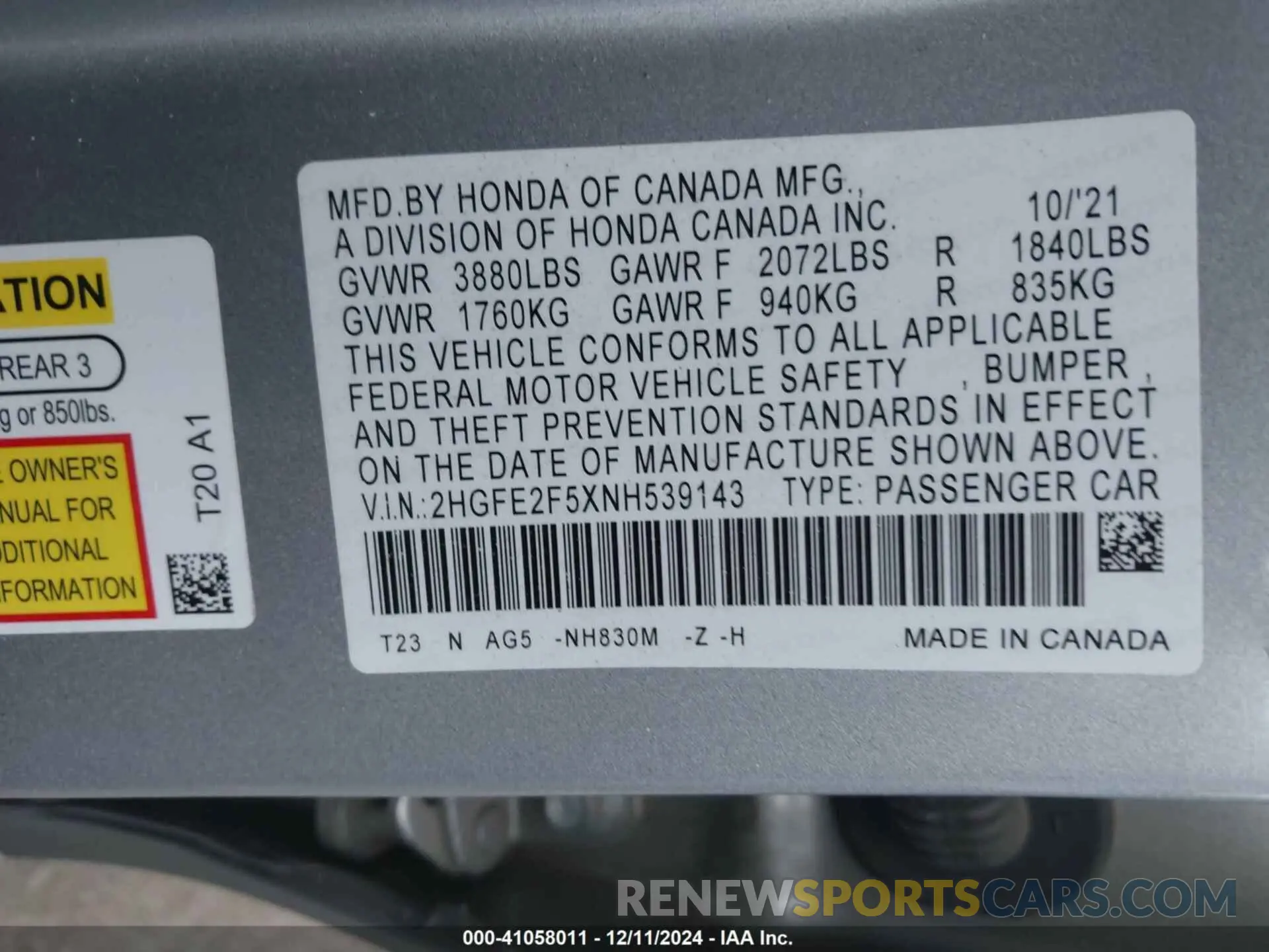 9 fotografías del automóvil dañado 2HGFE2F5XNH539143 HONDA CIVIC 2022