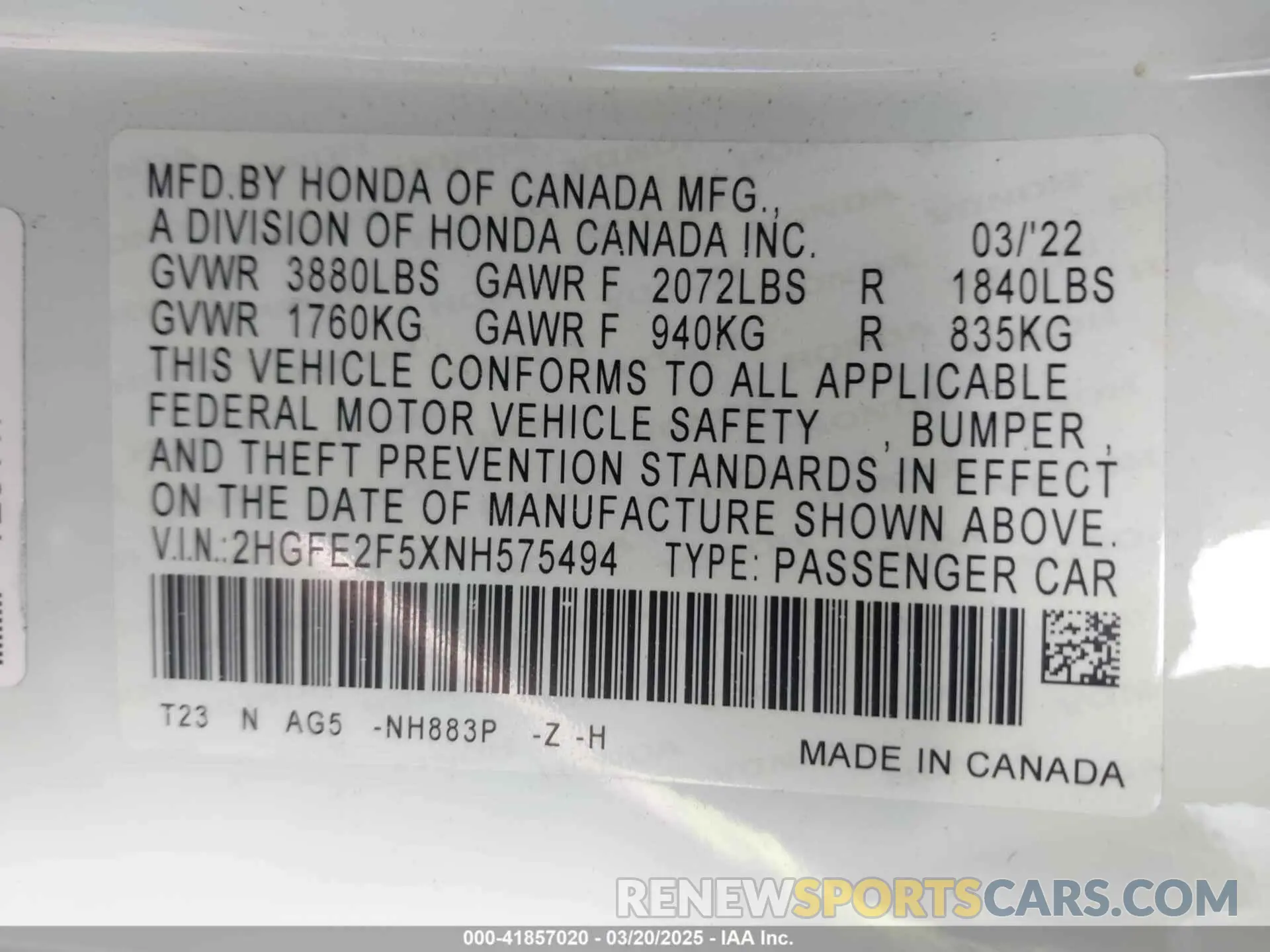 9 fotografías del automóvil dañado 2HGFE2F5XNH575494 HONDA CIVIC 2022