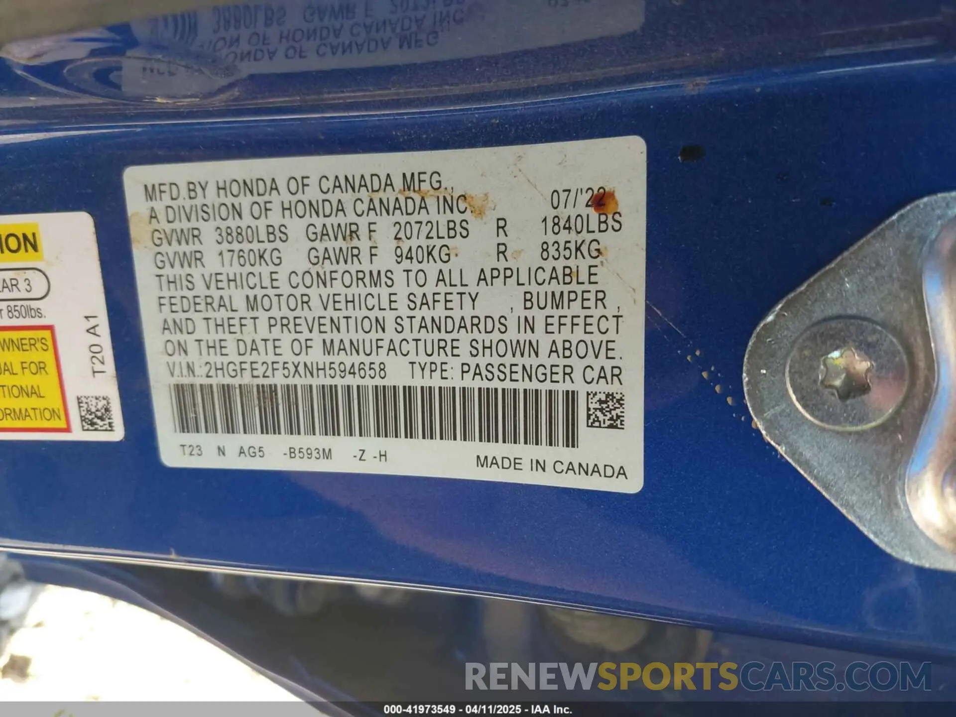 9 fotografías del automóvil dañado 2HGFE2F5XNH594658 HONDA CIVIC 2022