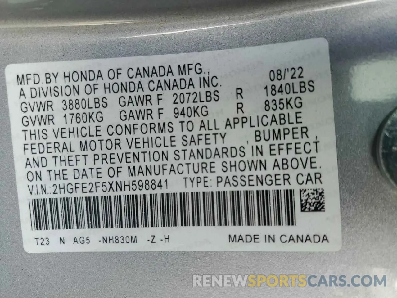 12 fotografías del automóvil dañado 2HGFE2F5XNH598841 HONDA CIVIC 2022