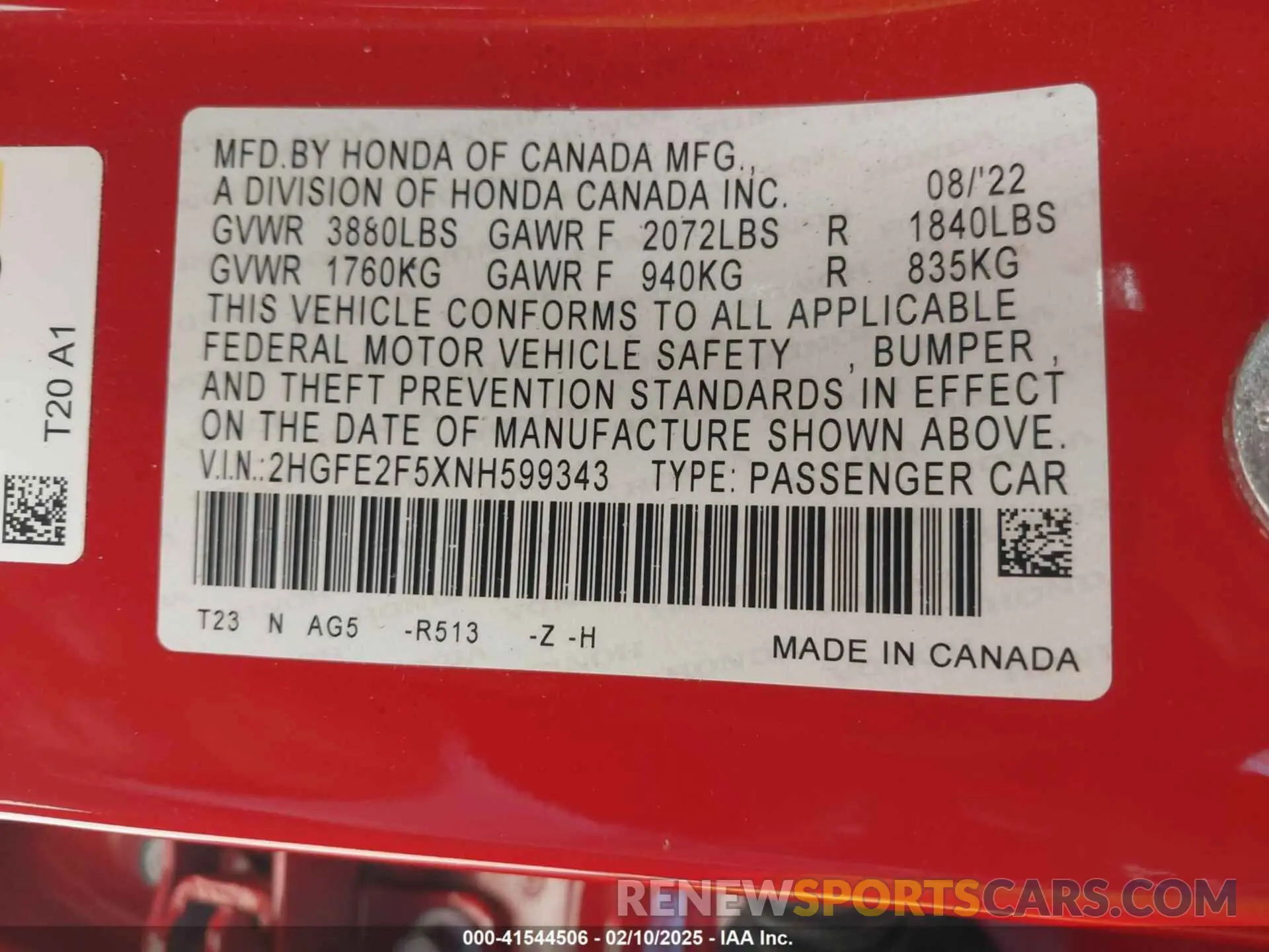 9 fotografías del automóvil dañado 2HGFE2F5XNH599343 HONDA CIVIC 2022