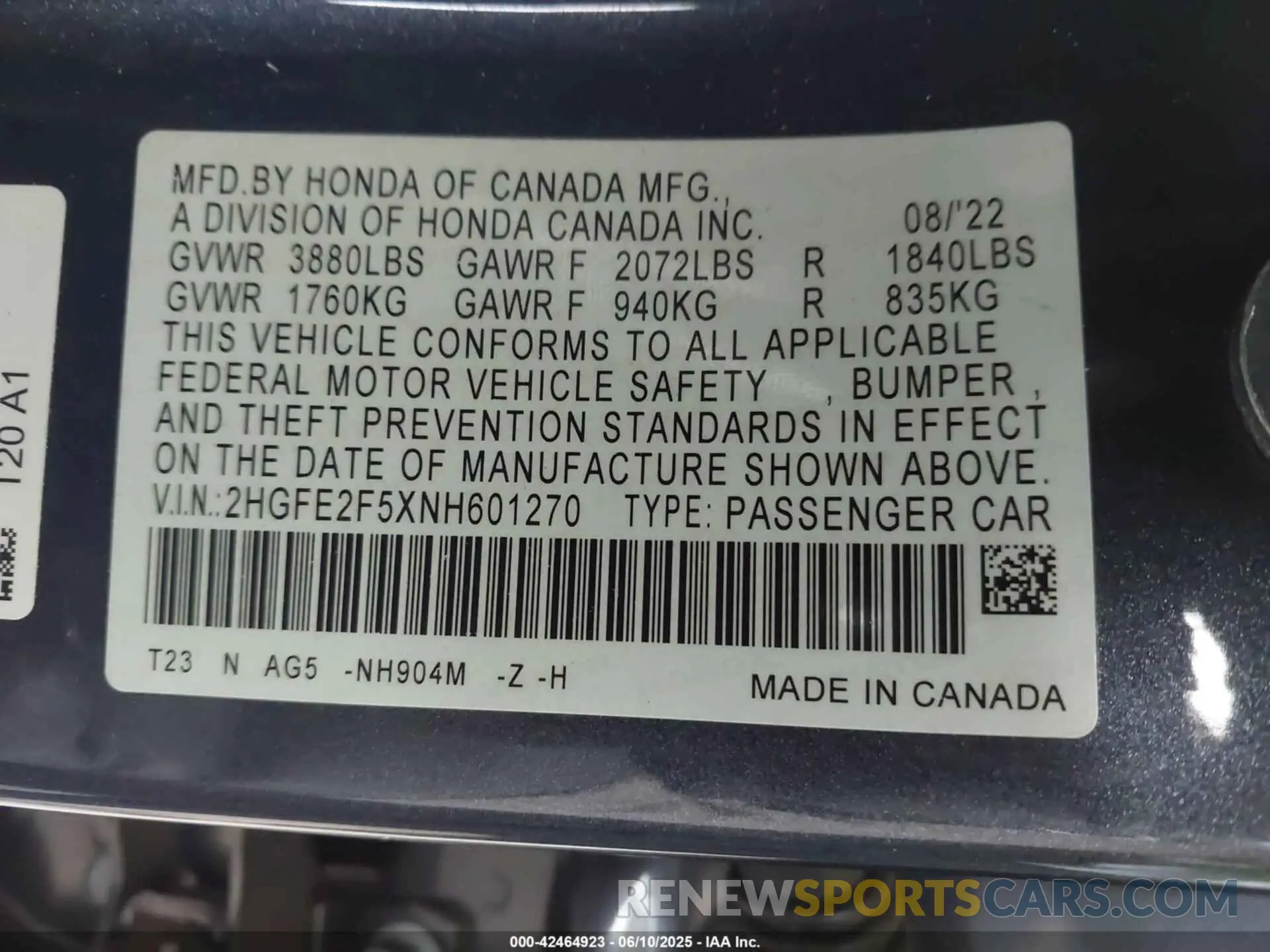 9 fotografías del automóvil dañado 2HGFE2F5XNH601270 HONDA CIVIC 2022