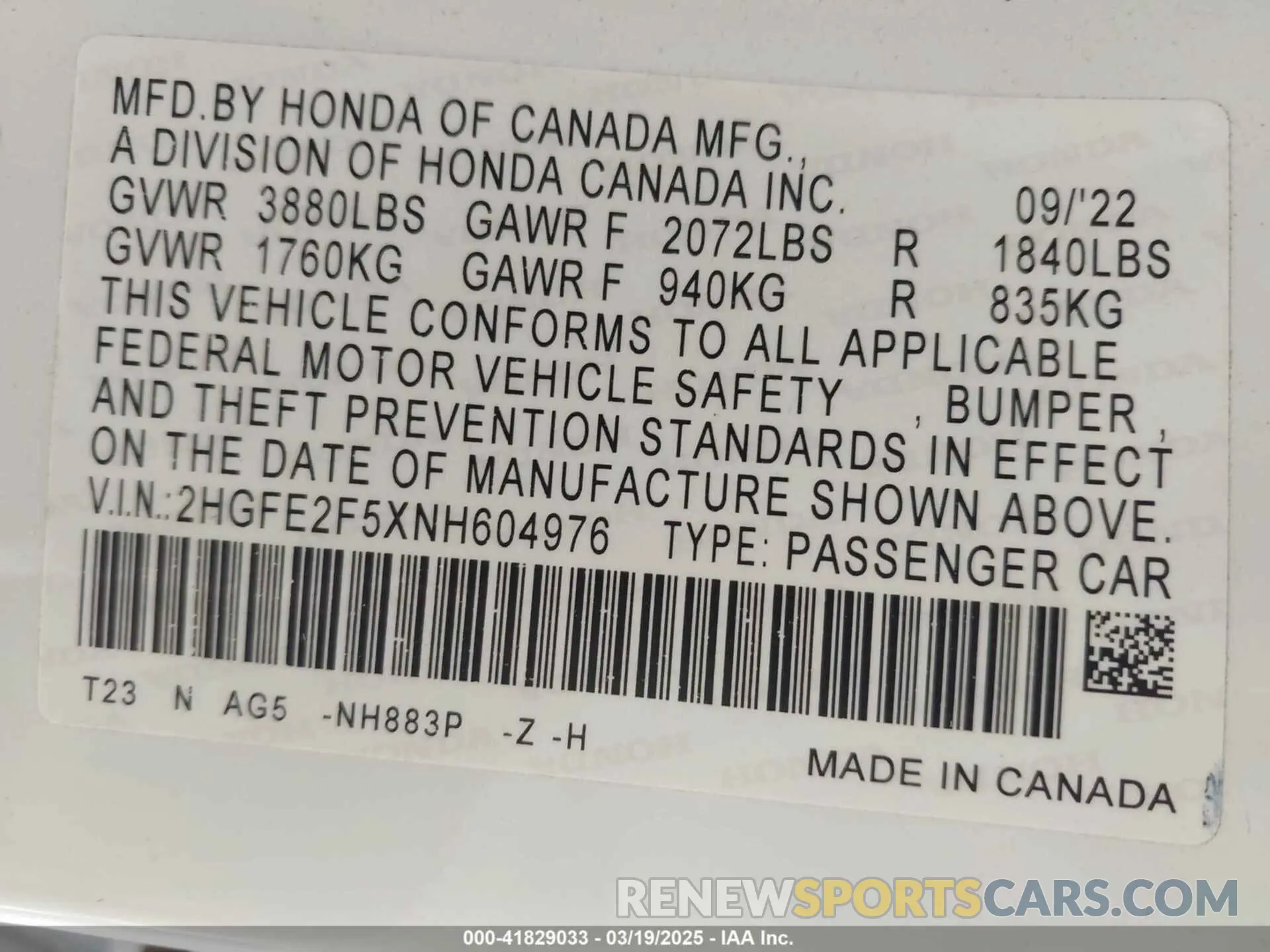 9 fotografías del automóvil dañado 2HGFE2F5XNH604976 HONDA CIVIC 2022