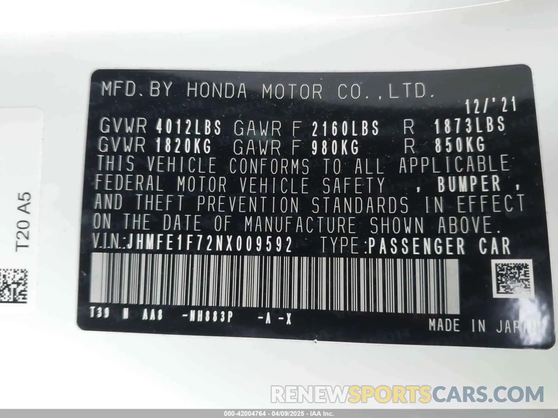 9 fotografías del automóvil dañado JHMFE1F72NX009592 HONDA CIVIC 2022