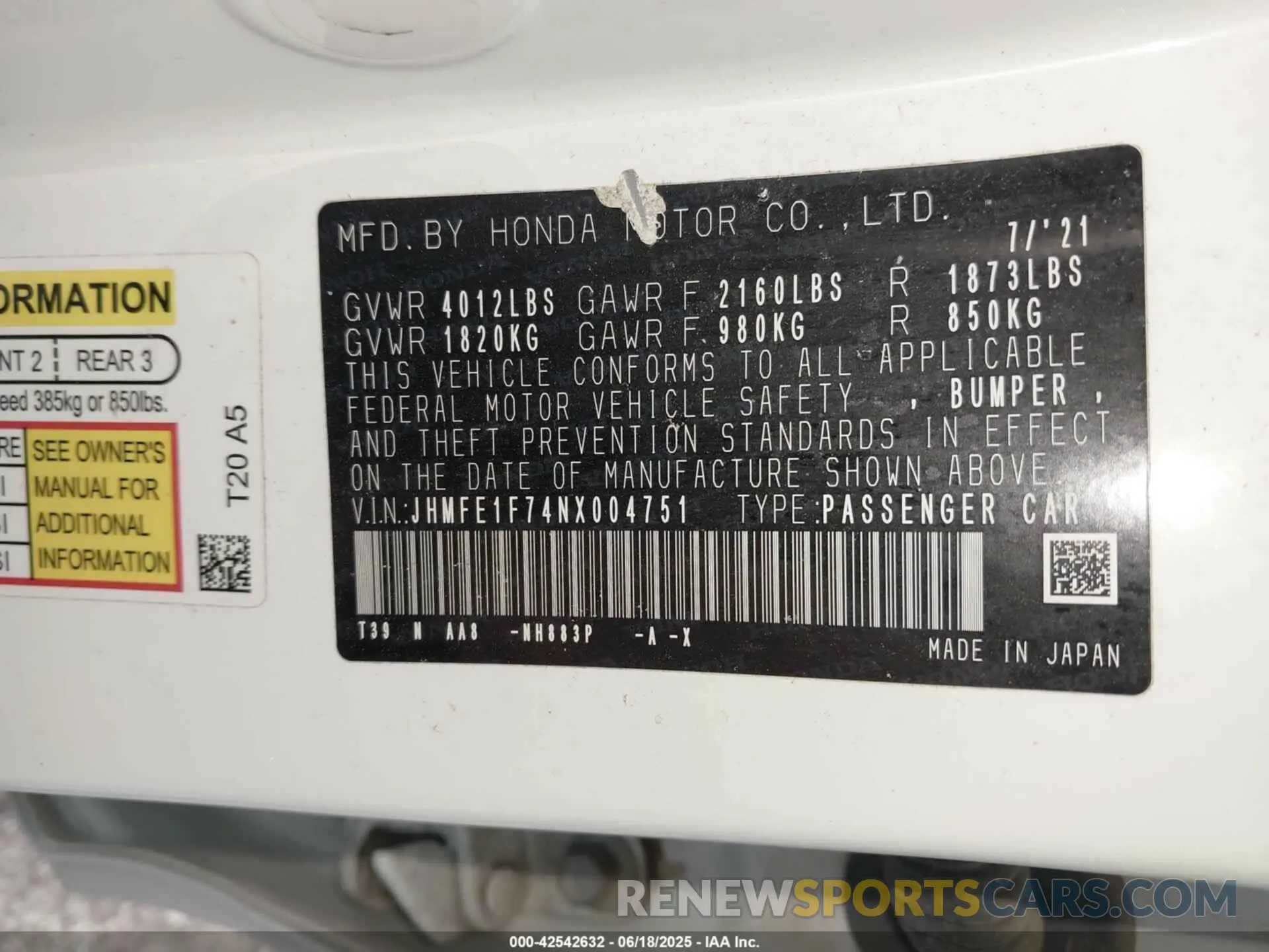 9 fotografías del automóvil dañado JHMFE1F74NX004751 HONDA CIVIC 2022