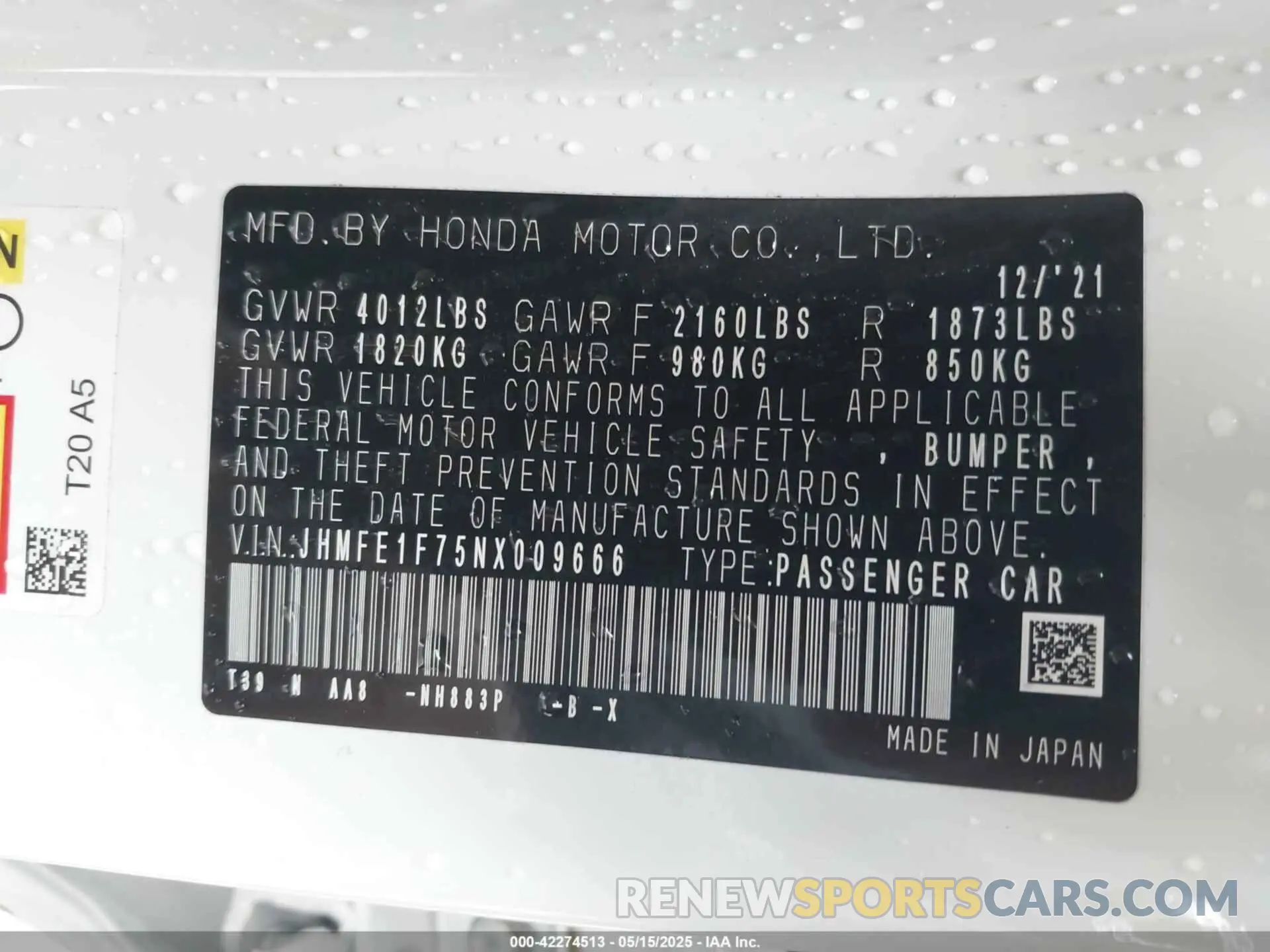 9 fotografías del automóvil dañado JHMFE1F75NX009666 HONDA CIVIC 2022