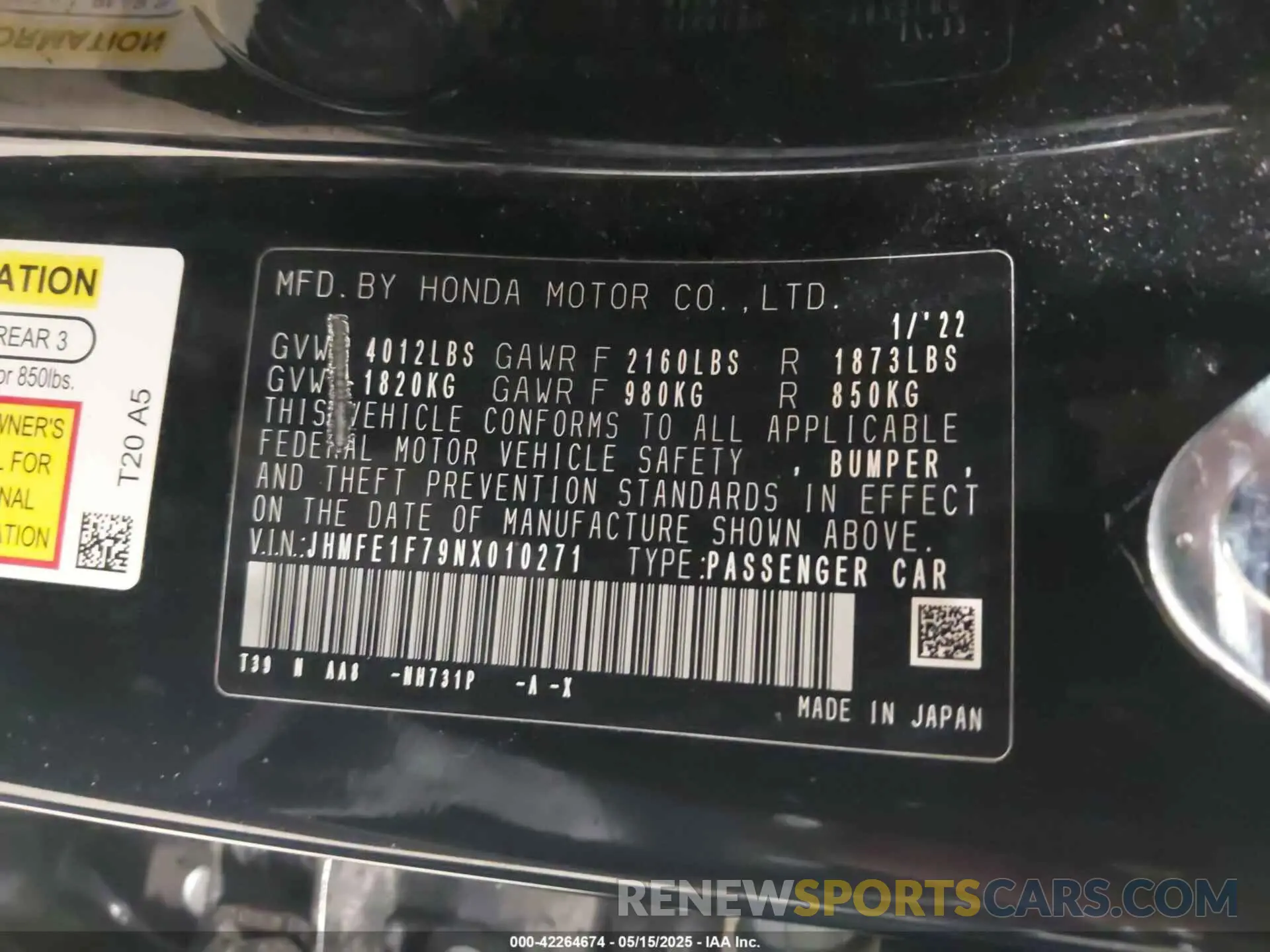9 fotografías del automóvil dañado JHMFE1F79NX010271 HONDA CIVIC 2022