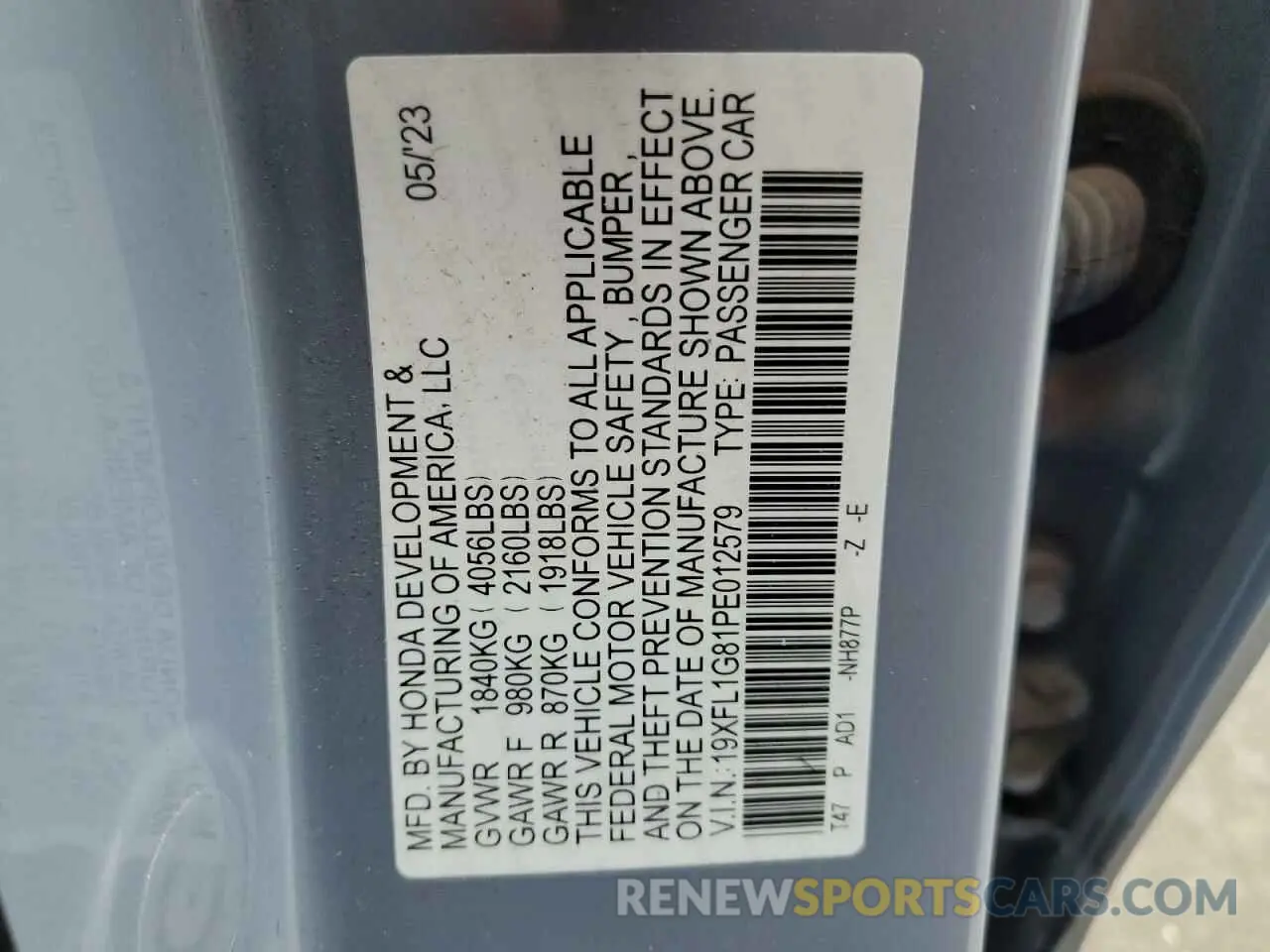 14 fotografías del automóvil dañado 19XFL1G81PE012579 HONDA CIVIC 2023