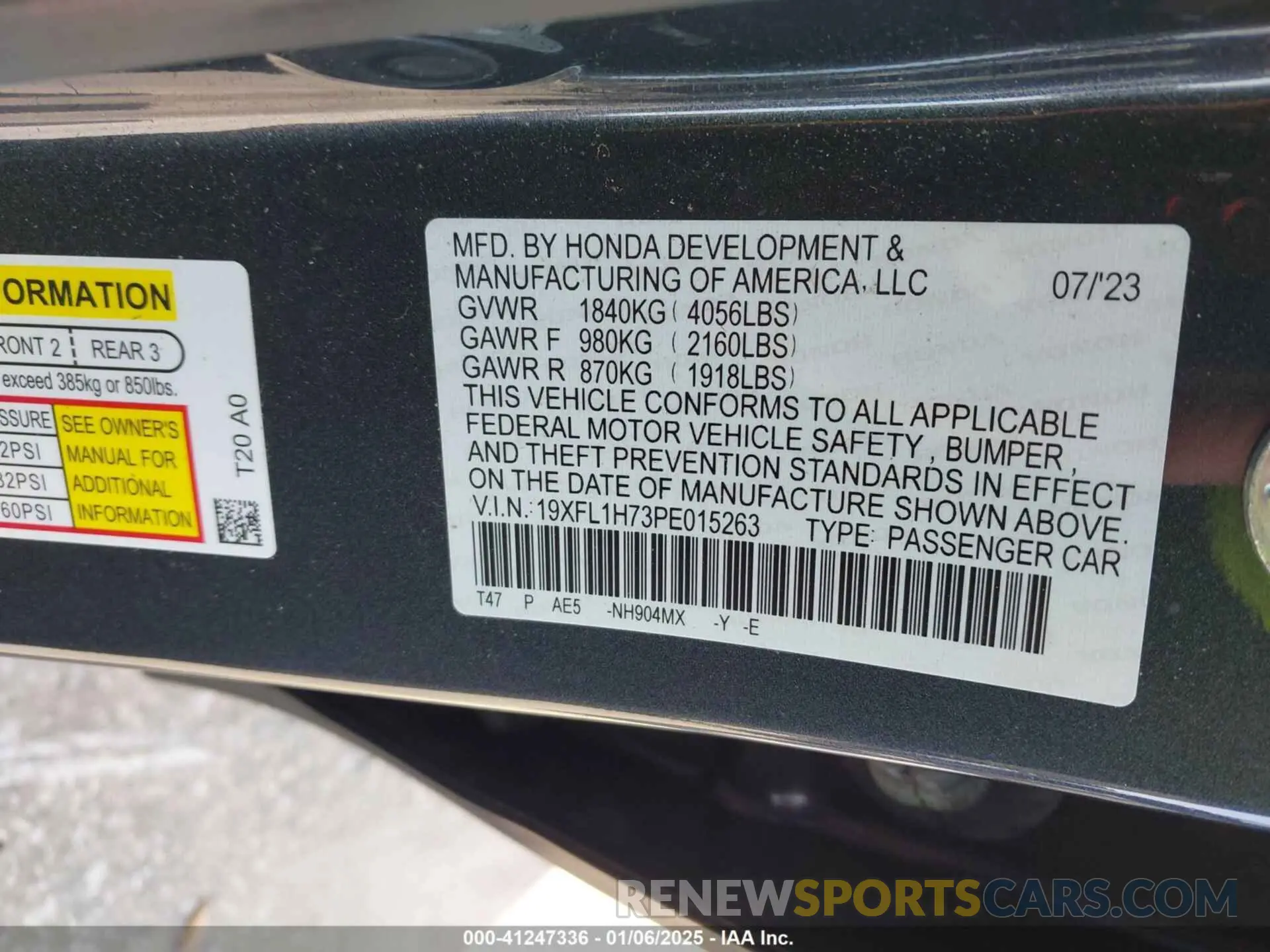 9 fotografías del automóvil dañado 19XFL1H73PE015263 HONDA CIVIC 2023