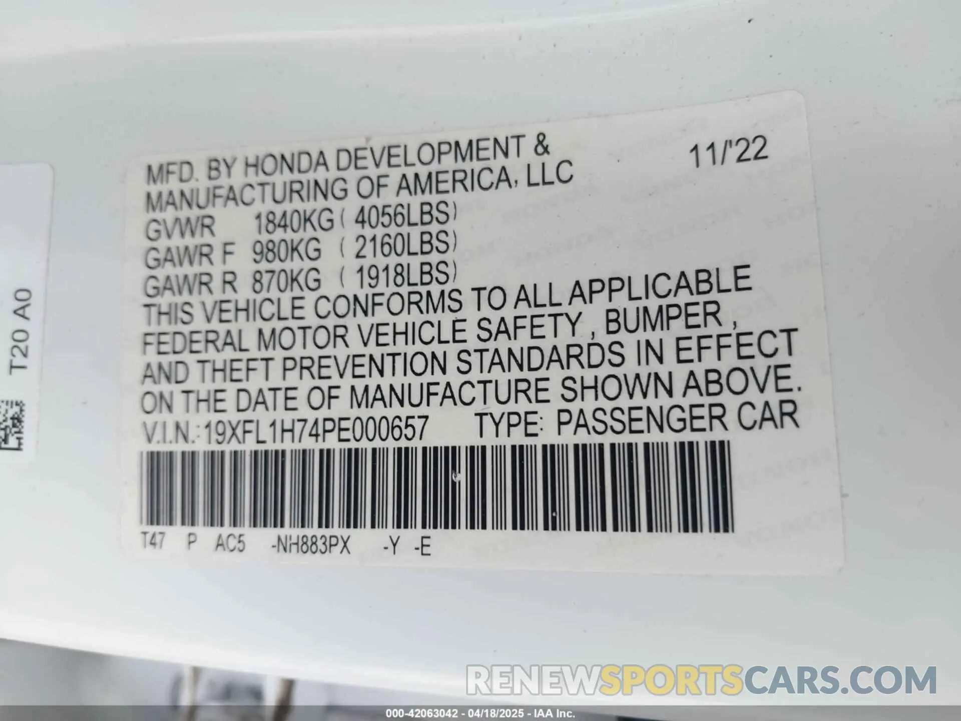 9 fotografías del automóvil dañado 19XFL1H74PE000657 HONDA CIVIC 2023